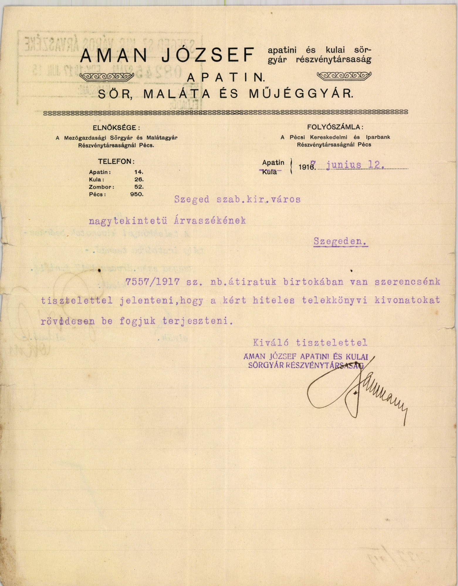 Aman József apatini és kulai sörgyár részvénytársaság (Magyar Kereskedelmi és Vendéglátóipari Múzeum CC BY-NC-SA)