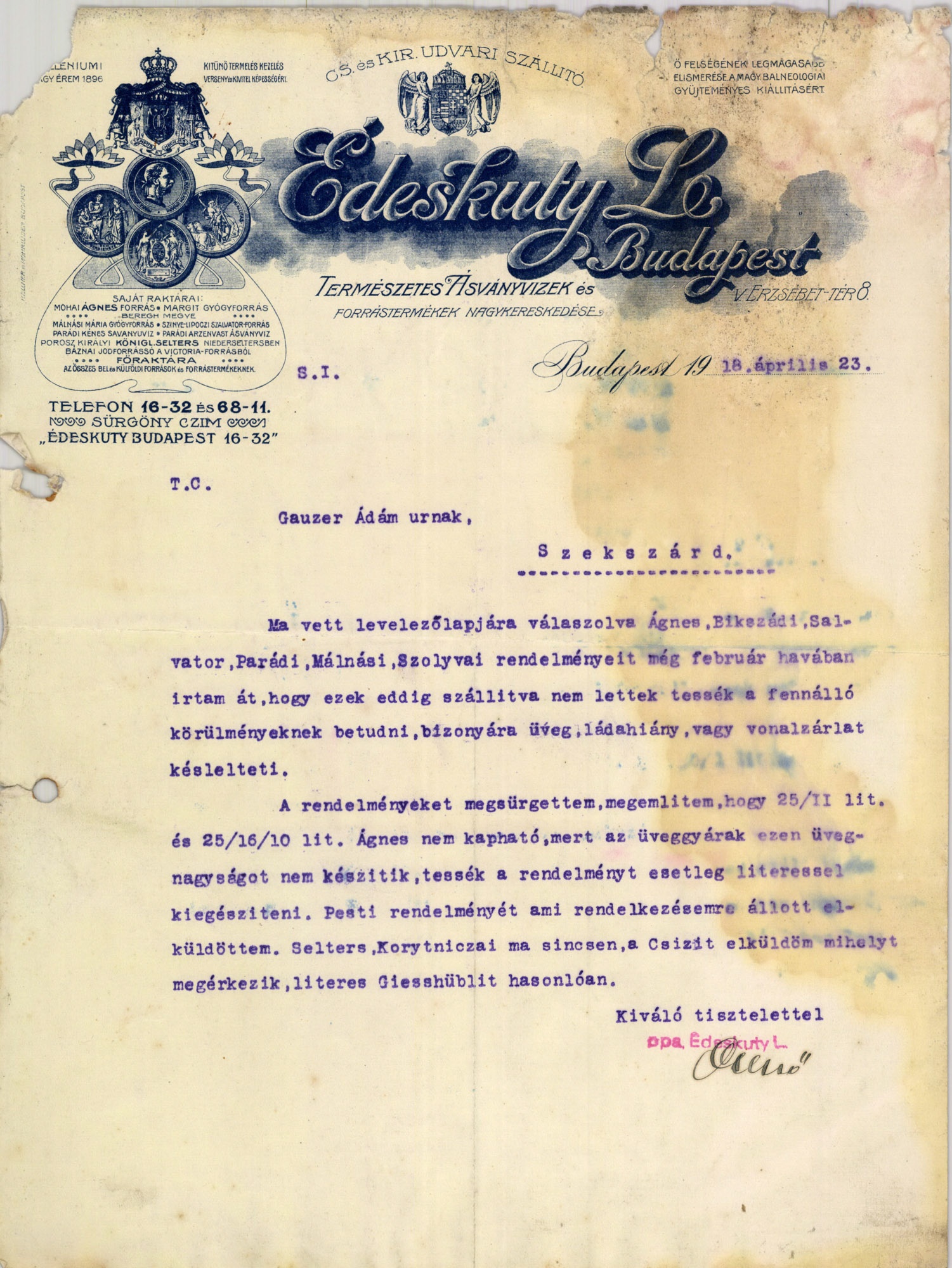 Édeskuty L. természetes ásványvizek és forrástermékek nagykereskedése (Magyar Kereskedelmi és Vendéglátóipari Múzeum CC BY-NC-SA)