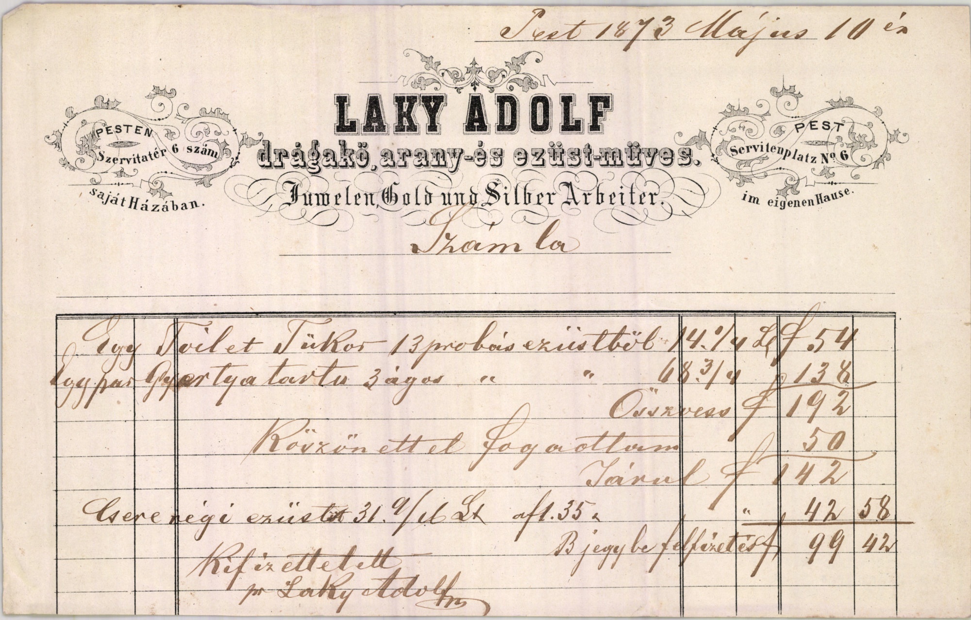 Laky Adolf számla (Magyar Kereskedelmi és Vendéglátóipari Múzeum CC BY-NC-SA)