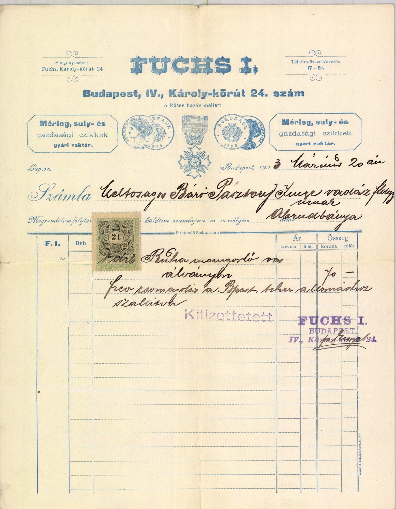 Fuchs I. Mérleg-, suly- és gazdasági czikkek gyári raktár (Magyar Kereskedelmi és Vendéglátóipari Múzeum CC BY-NC-SA)