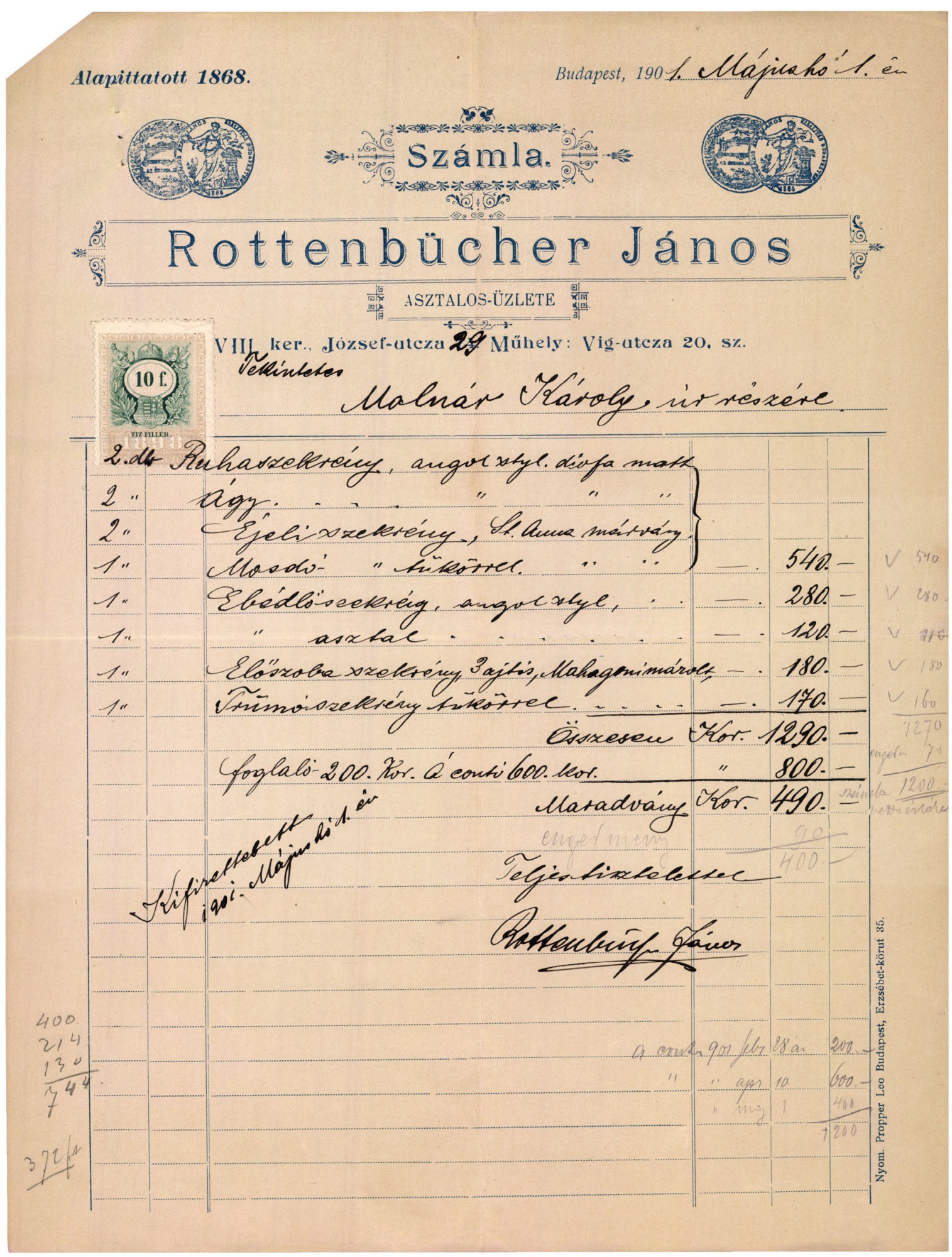 Rottenbücher János, asztalos üzlete (Magyar Kereskedelmi és Vendéglátóipari Múzeum CC BY-NC-SA)