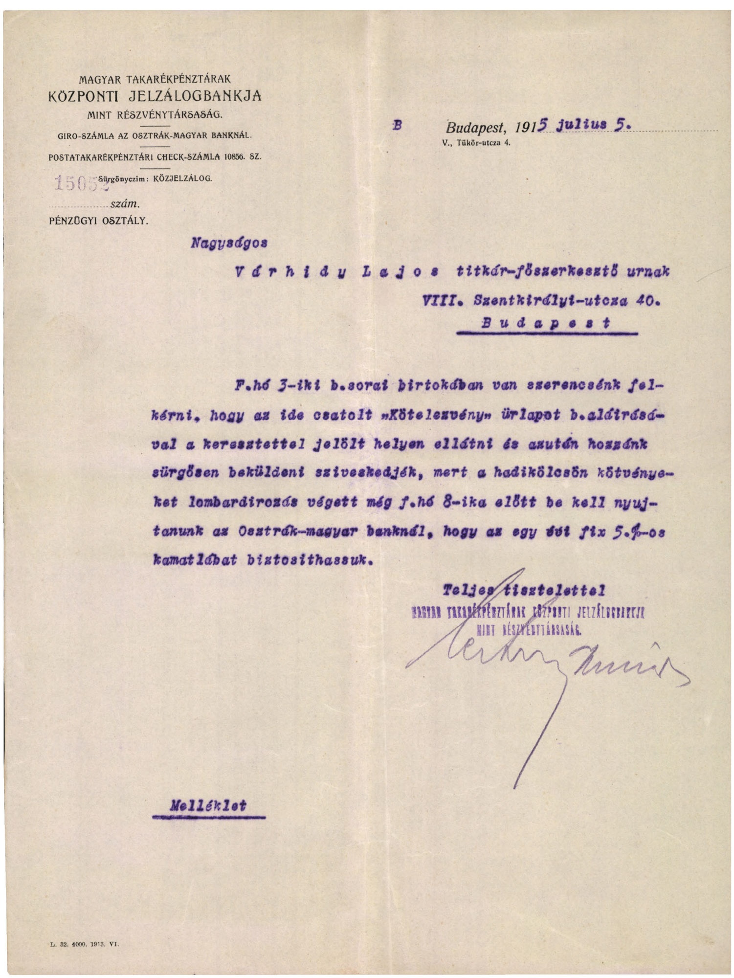 Magyar Takarékpénztárak Központi Jelzálogbankja Rt. (Magyar Kereskedelmi és Vendéglátóipari Múzeum CC BY-NC-SA)