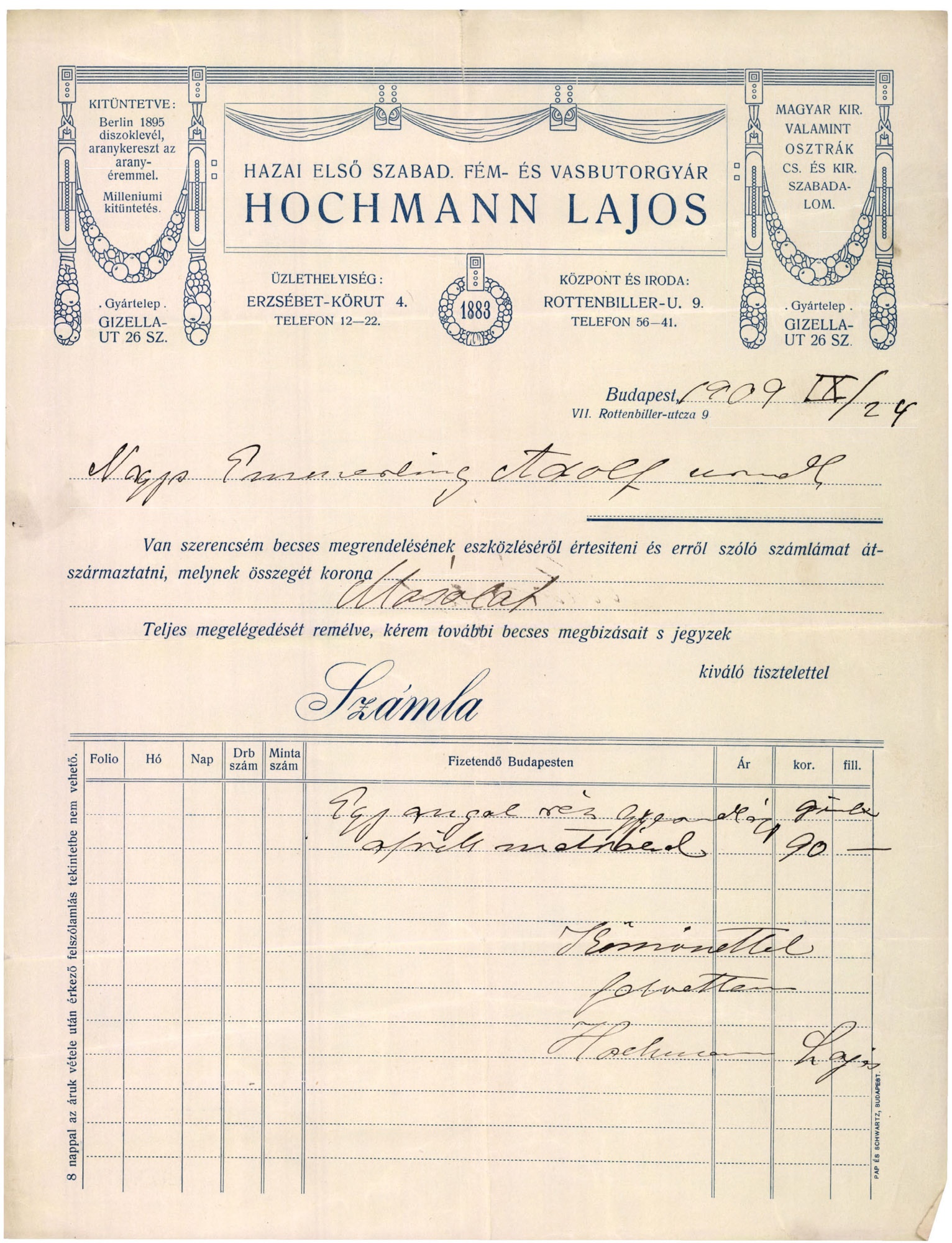 Hochmann Lajos, hazai első szabad. fém- és vasbútorgyár (Magyar Kereskedelmi és Vendéglátóipari Múzeum CC BY-NC-SA)