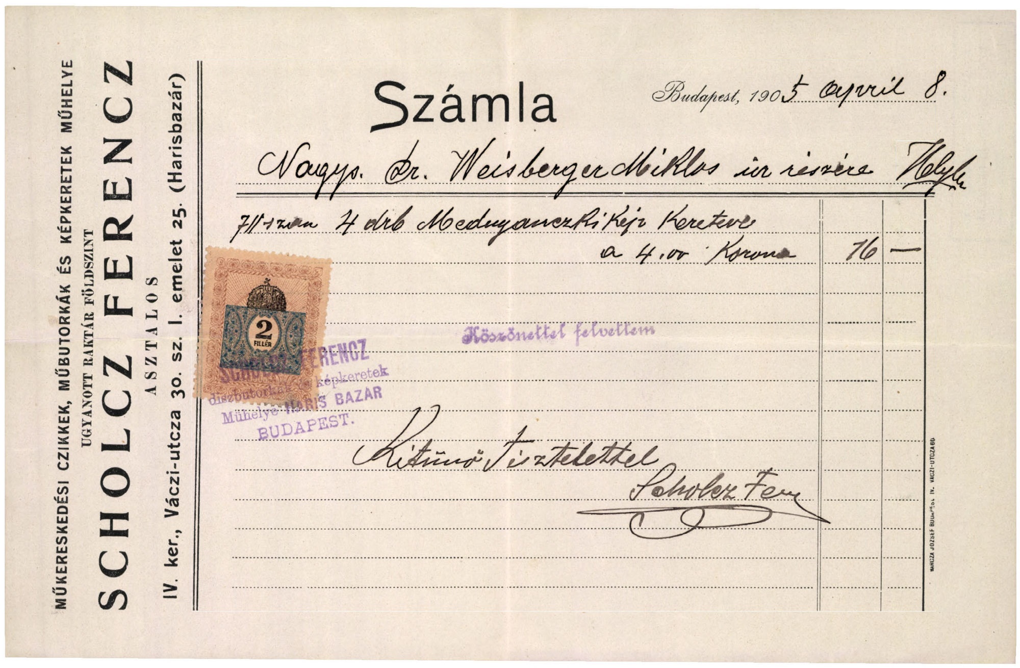 Scholcz Ferenc műkereskedési cikkek, műbútorkák és képkeretek műhelye (Magyar Kereskedelmi és Vendéglátóipari Múzeum CC BY-NC-SA)