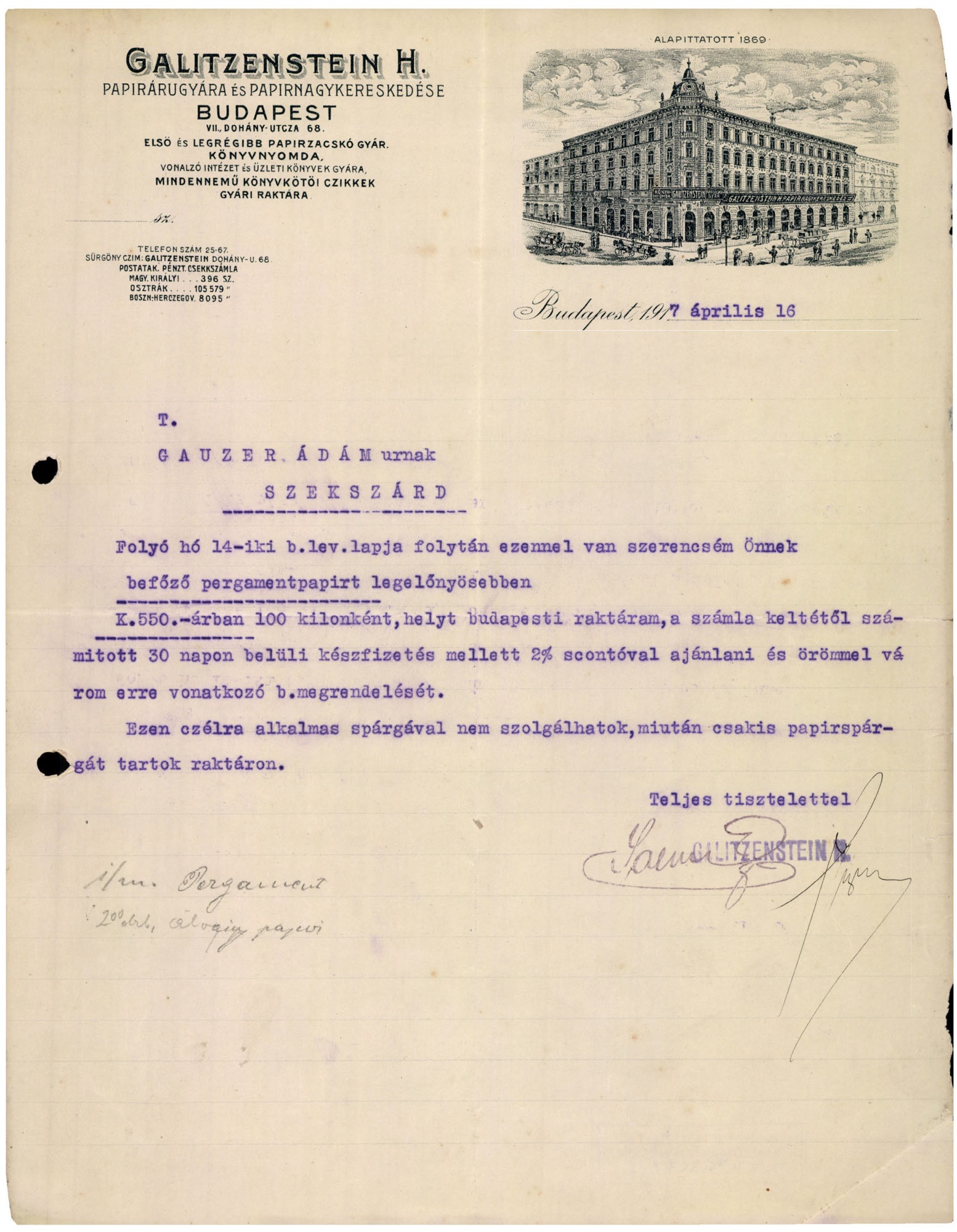 Galitzenstein H. papírárugyára és papírnagykereskedése (Magyar Kereskedelmi és Vendéglátóipari Múzeum CC BY-NC-SA)