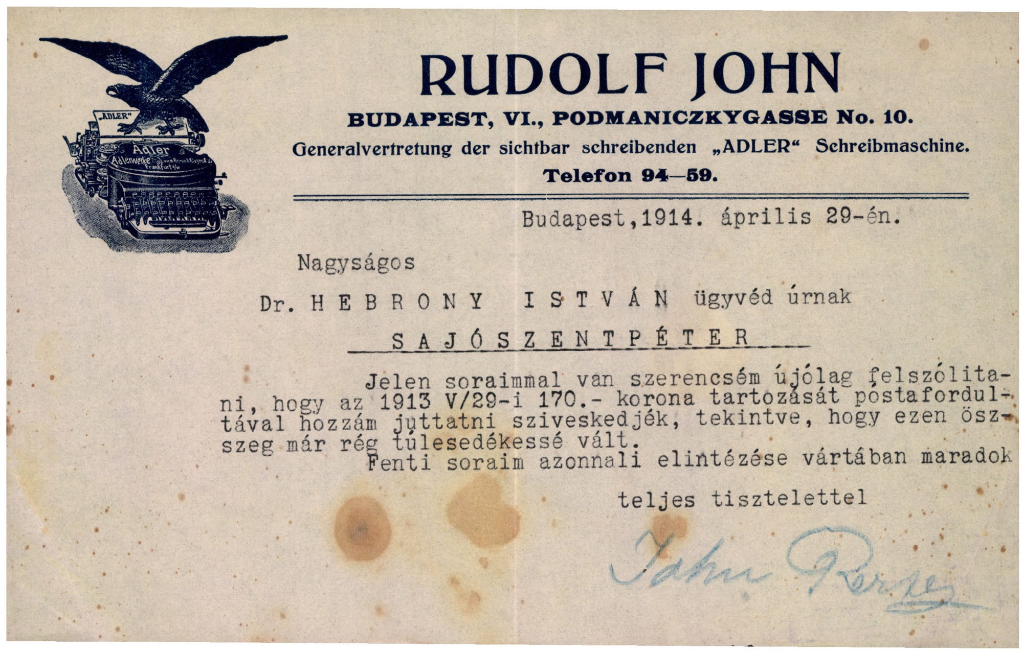 Rudolf John, Adler írógép (Magyar Kereskedelmi és Vendéglátóipari Múzeum CC BY-NC-SA)