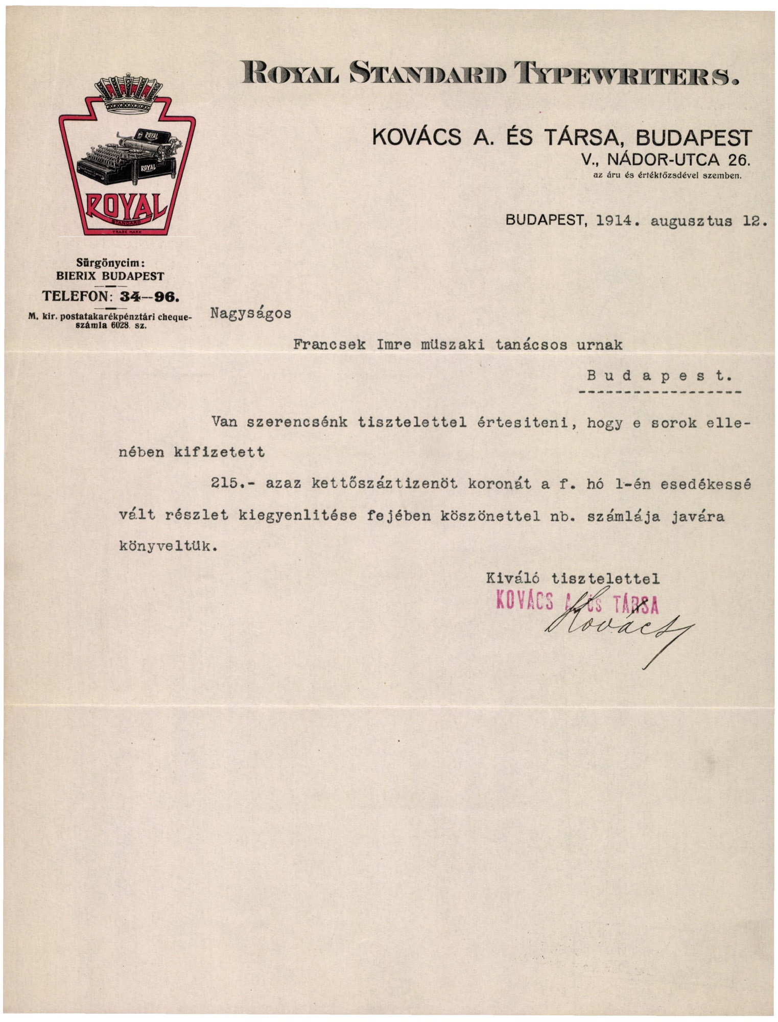 Royal Typewriter Co. magyarországi vezérképviselete, Kovács A. és Társa (Magyar Kereskedelmi és Vendéglátóipari Múzeum CC BY-NC-SA)