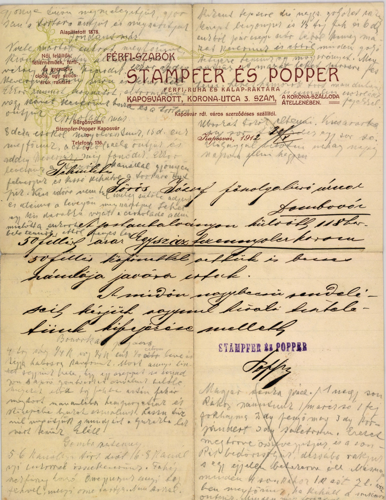 Stampfer és Popper férfi-szabók, férfi-ruha és kalap-raktára (Magyar Kereskedelmi és Vendéglátóipari Múzeum CC BY-NC-SA)