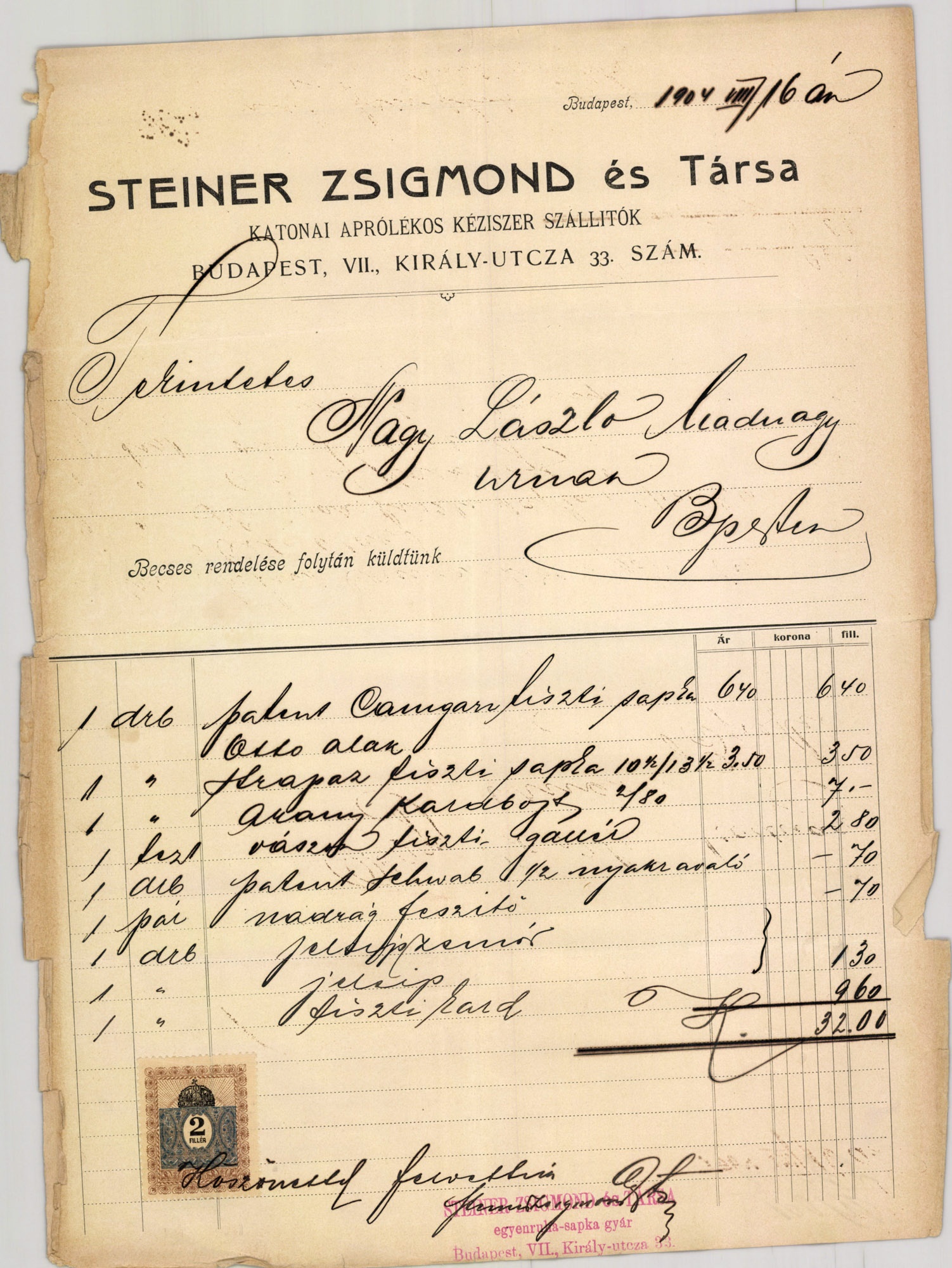 Steiner Zsigmond és Társa katonai aprólékos kéziszer szállítók (Magyar Kereskedelmi és Vendéglátóipari Múzeum CC BY-NC-SA)