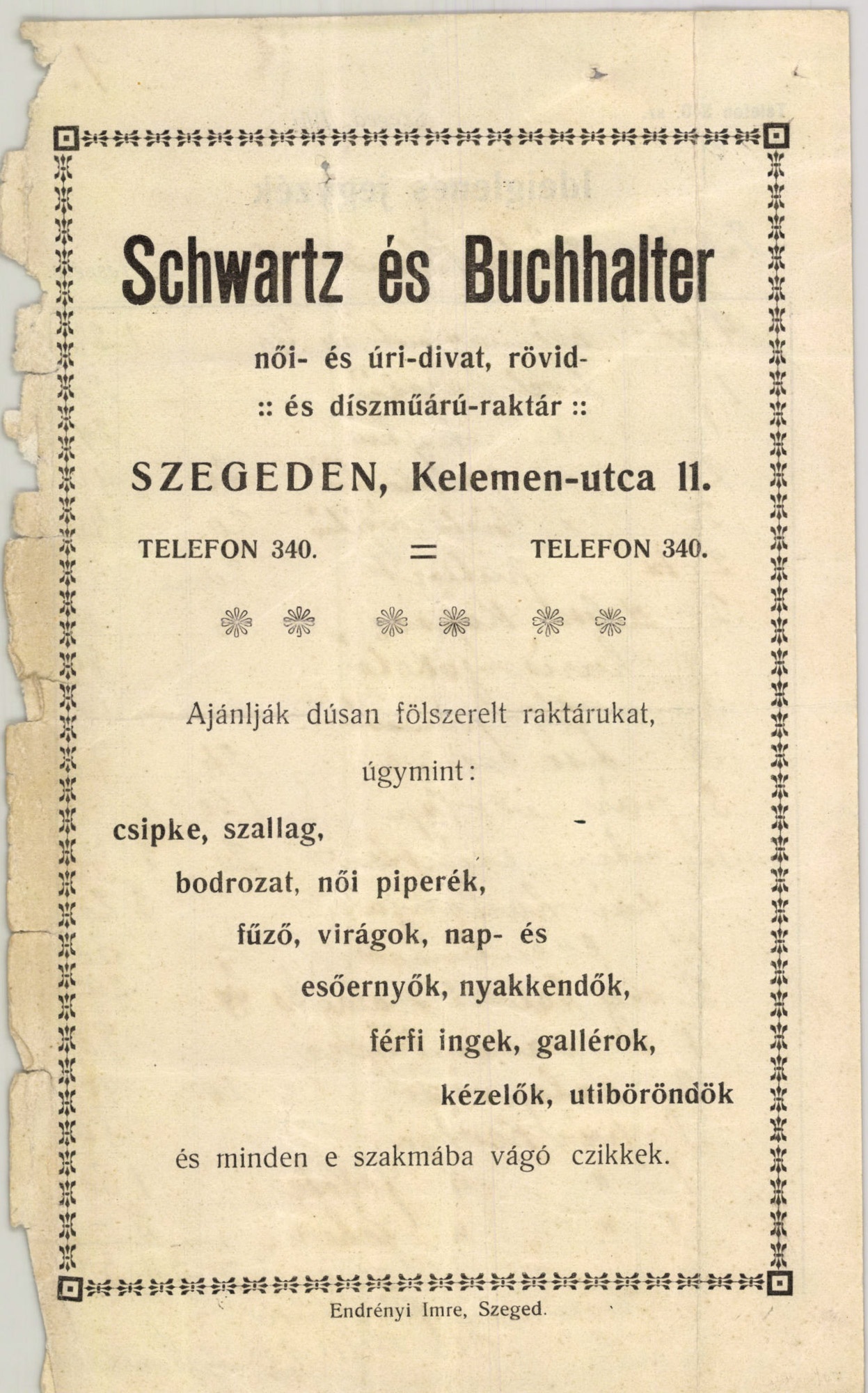 Schwartz és Buchhalter női- és úri-divat, rövid- és díszműárú-raktár (Magyar Kereskedelmi és Vendéglátóipari Múzeum CC BY-NC-SA)