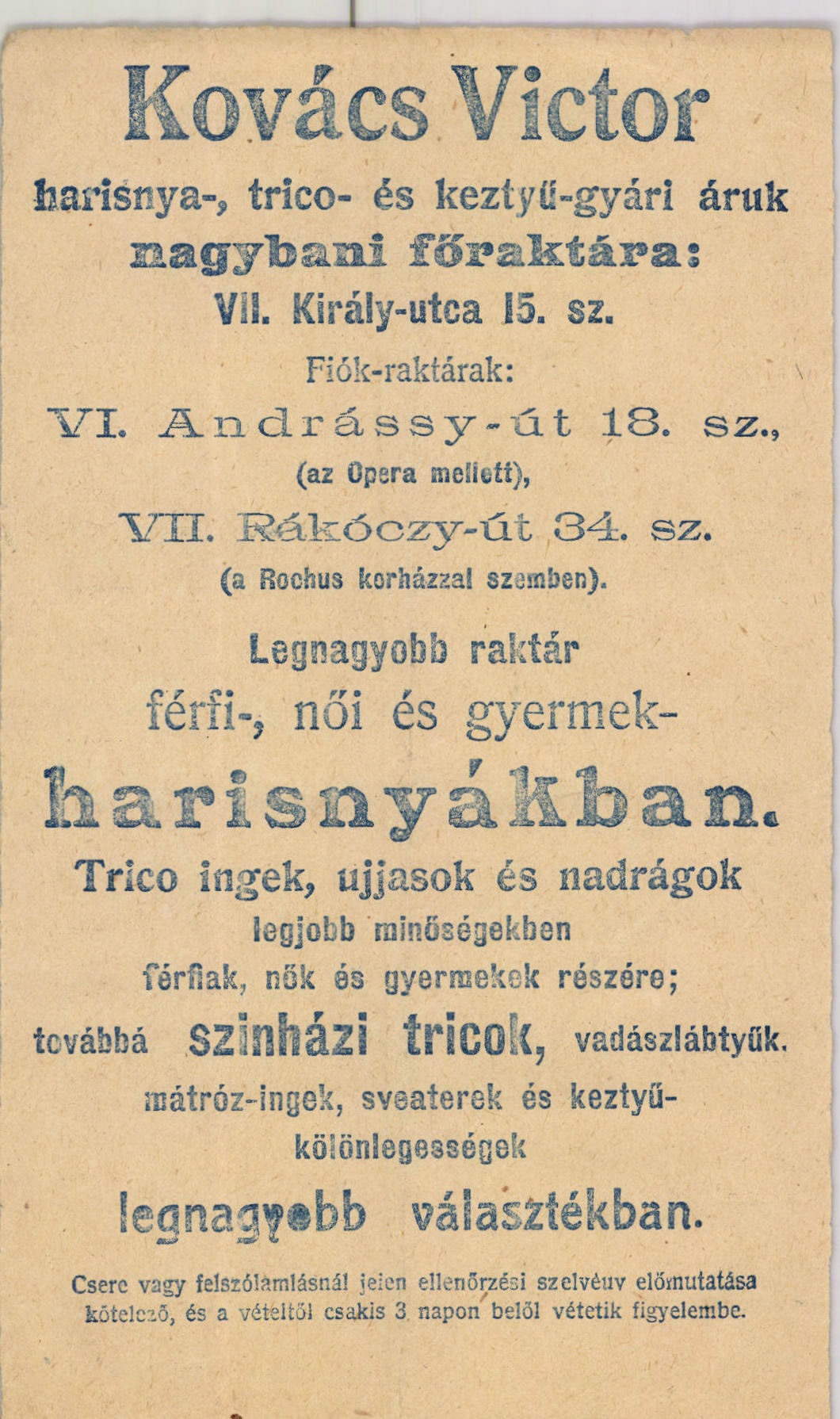 Kovács Victor harisnya-, trico- és keztyű-gyári áruk (Magyar Kereskedelmi és Vendéglátóipari Múzeum CC BY-NC-SA)