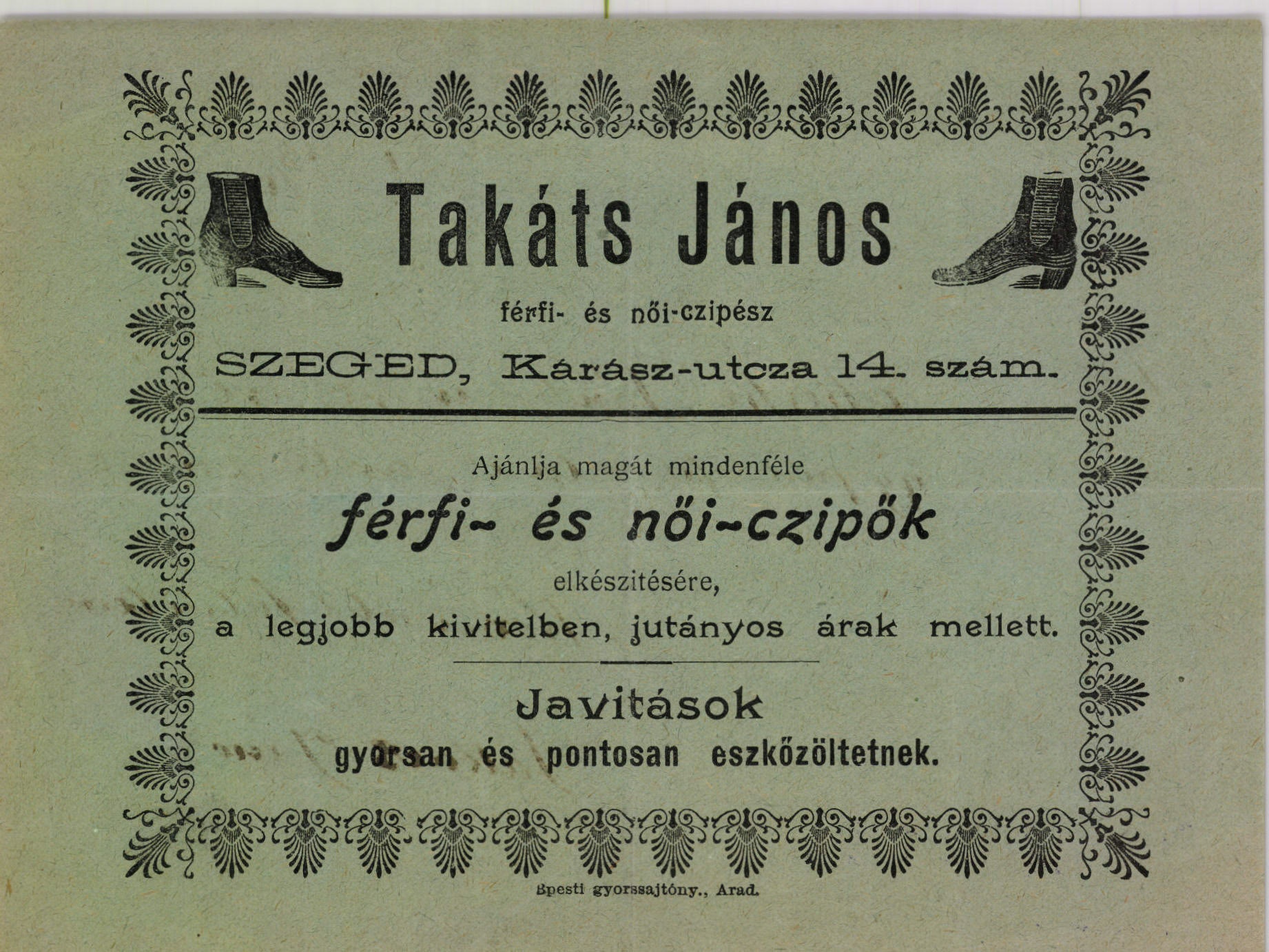 Takáts János férfi- és női-czipész (Magyar Kereskedelmi és Vendéglátóipari Múzeum CC BY-NC-SA)