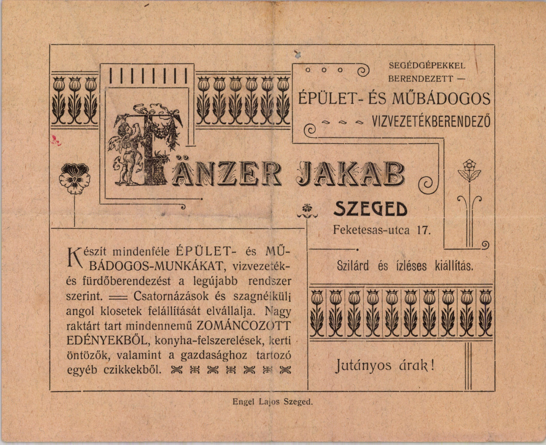Tänzer Jakab épület- és műbádogos, vizvezetékberendező (Magyar Kereskedelmi és Vendéglátóipari Múzeum CC BY-NC-SA)