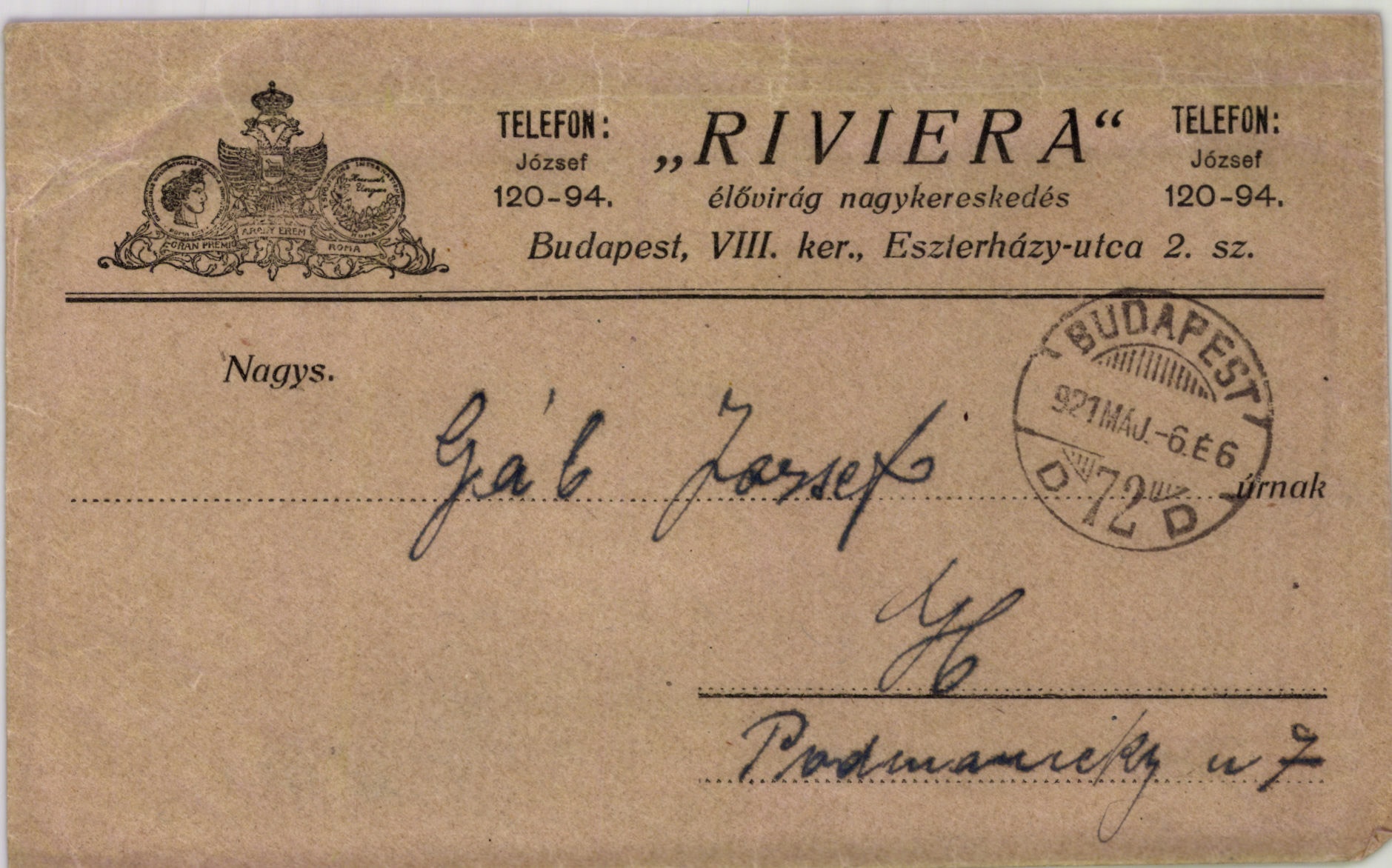 "Riviera" élővirág nagykereskedés (Magyar Kereskedelmi és Vendéglátóipari Múzeum CC BY-NC-SA)