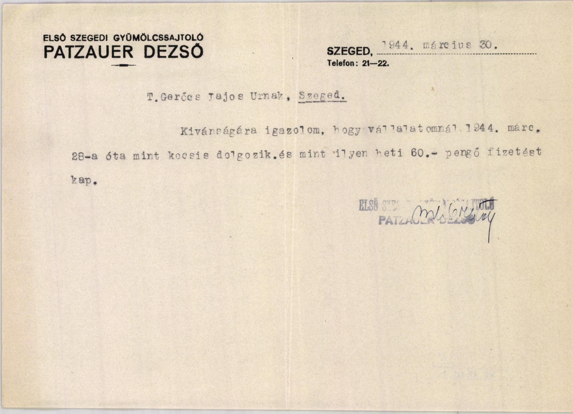 Patzauer Dezső Első Szegedi Gyümölcssajtoló (Magyar Kereskedelmi és Vendéglátóipari Múzeum CC BY-NC-SA)