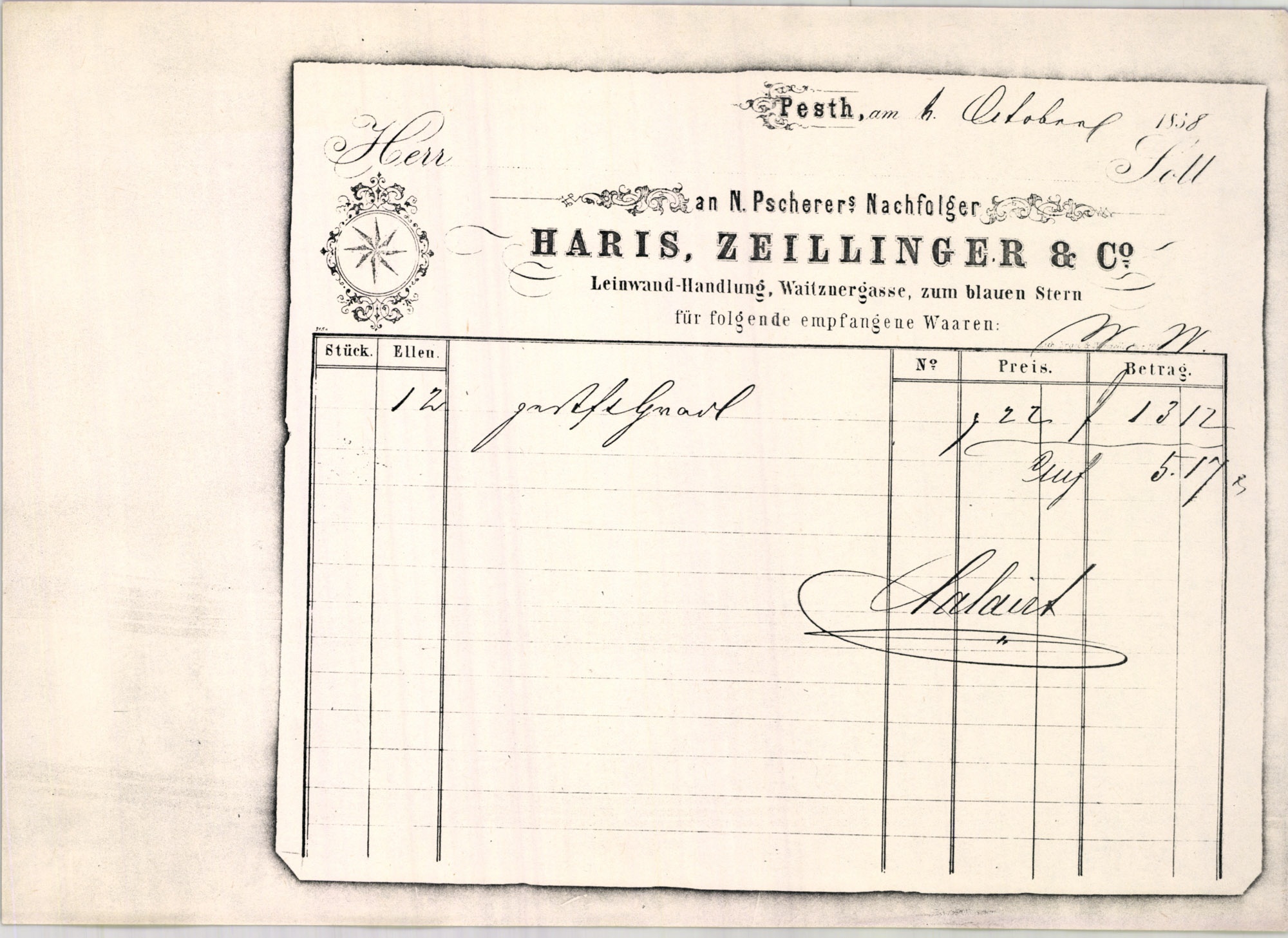 Haris Zeillinger & Co. (és Társa) számla (Magyar Kereskedelmi és Vendéglátóipari Múzeum CC BY-NC-SA)