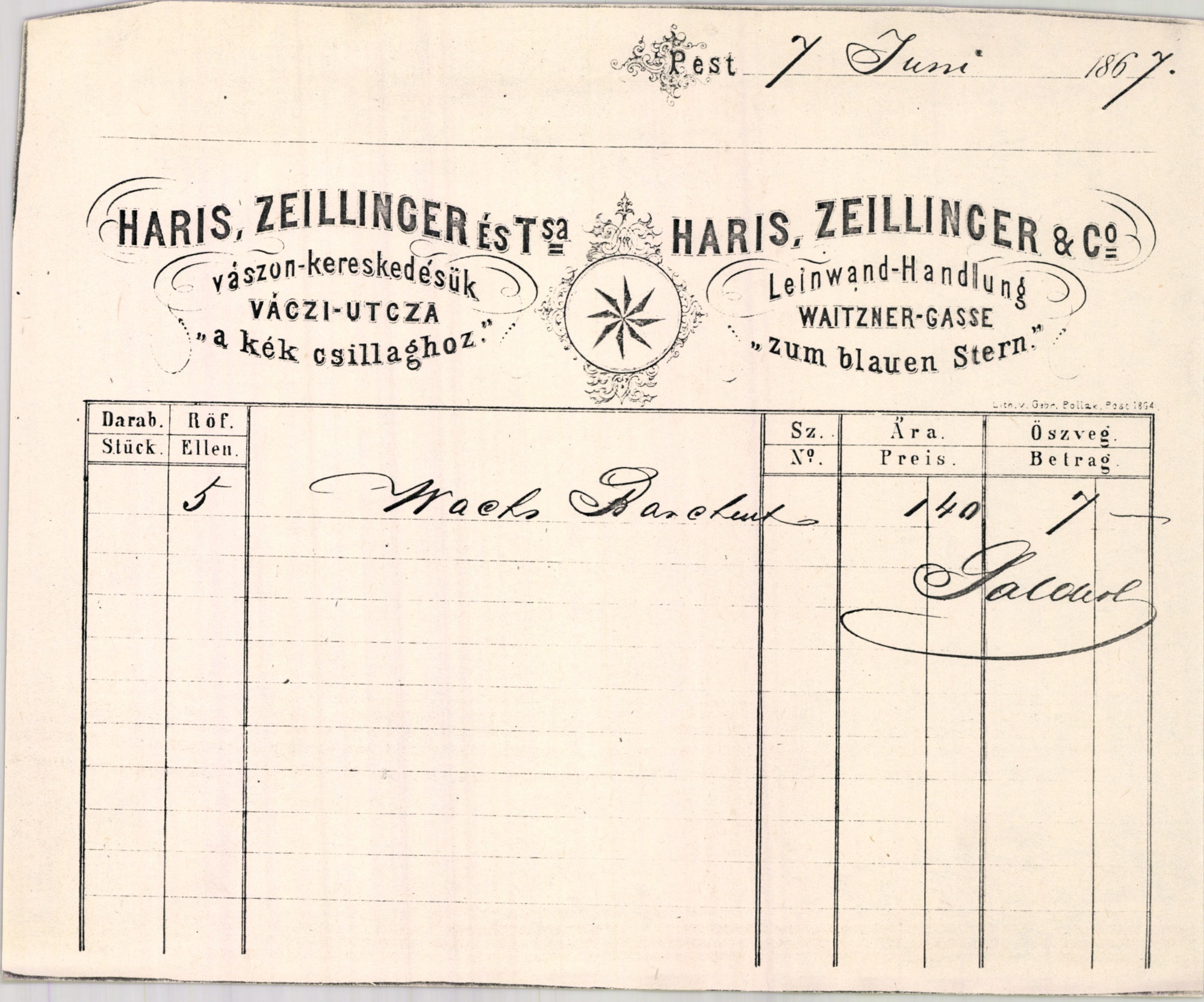 Haris, Zeillinger és Társa számla (Magyar Kereskedelmi és Vendéglátóipari Múzeum CC BY-NC-SA)