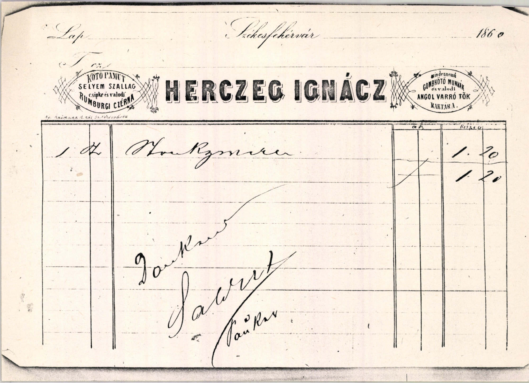 Herczeg Ignác számla (Magyar Kereskedelmi és Vendéglátóipari Múzeum CC BY-NC-SA)
