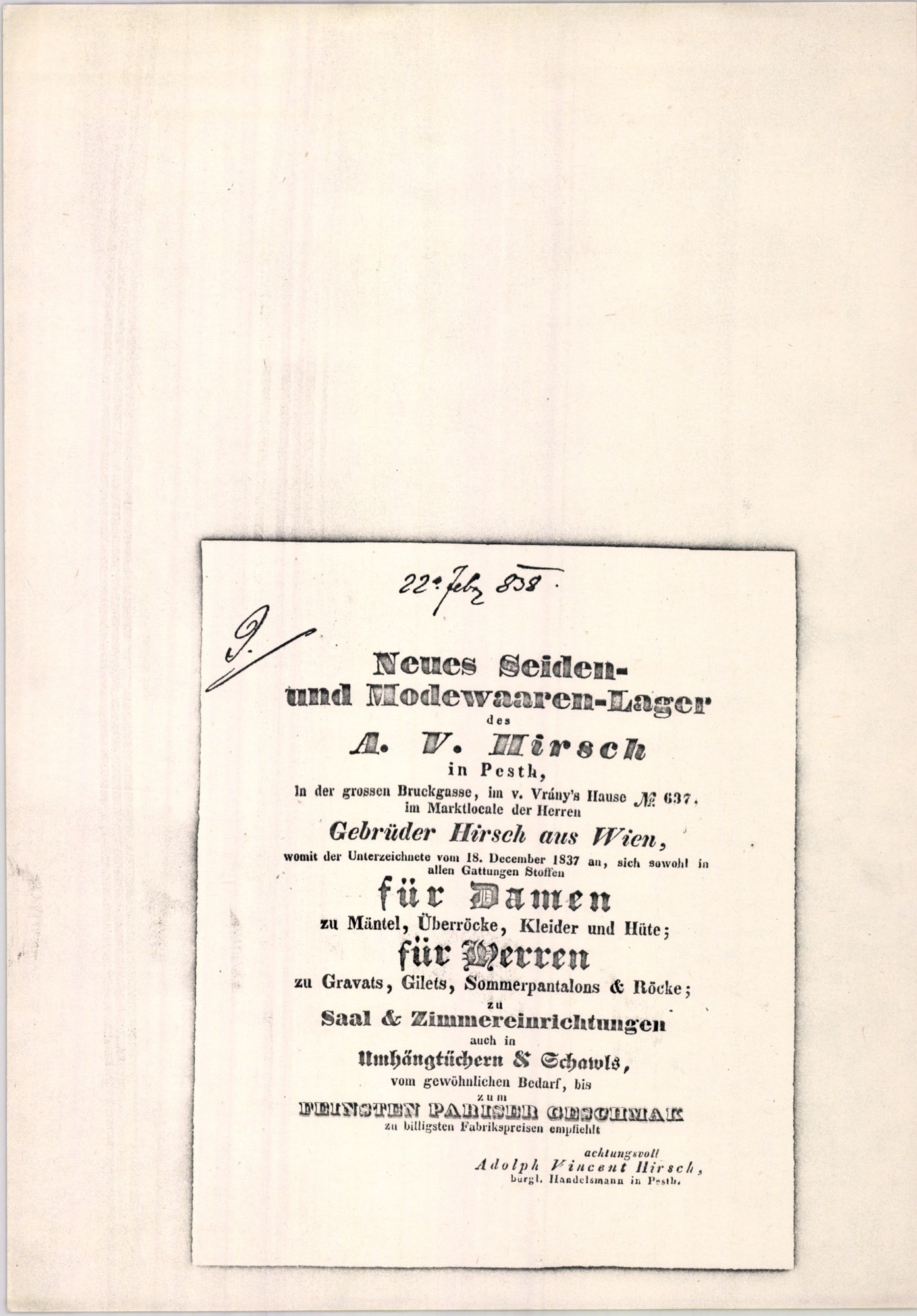 Hirsch Adolf Vince számlafejléc (Magyar Kereskedelmi és Vendéglátóipari Múzeum CC BY-NC-SA)