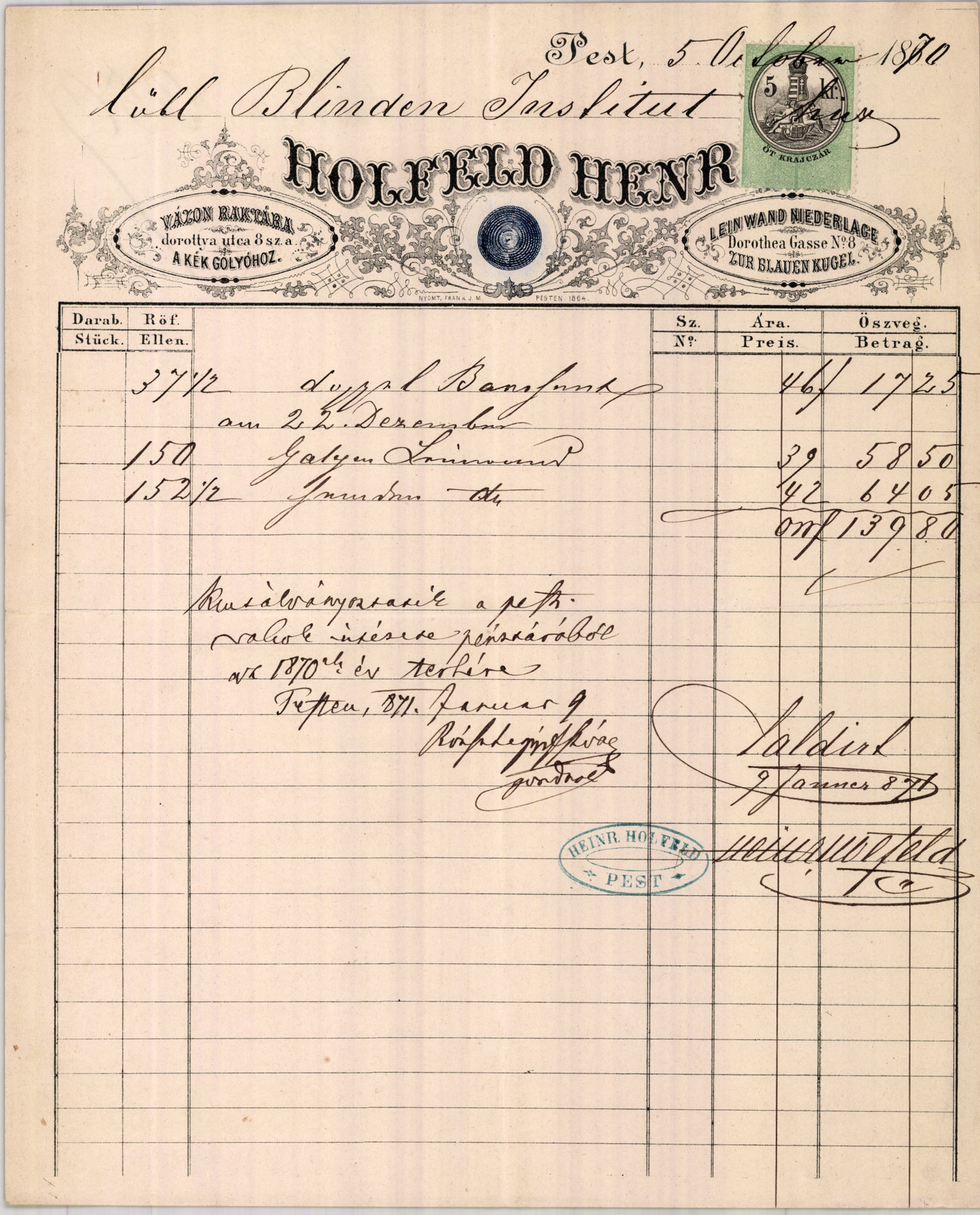 Holfeld Henrik számla (Magyar Kereskedelmi és Vendéglátóipari Múzeum CC BY-NC-SA)