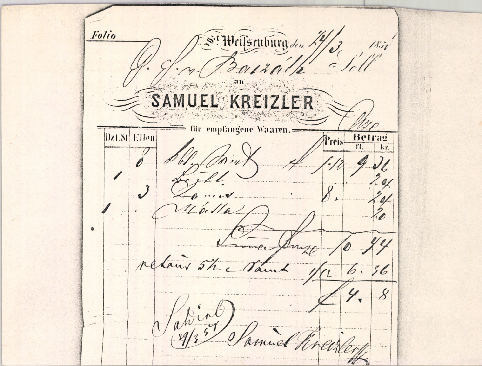 Kreizler Sámuel számla (Magyar Kereskedelmi és Vendéglátóipari Múzeum CC BY-NC-SA)