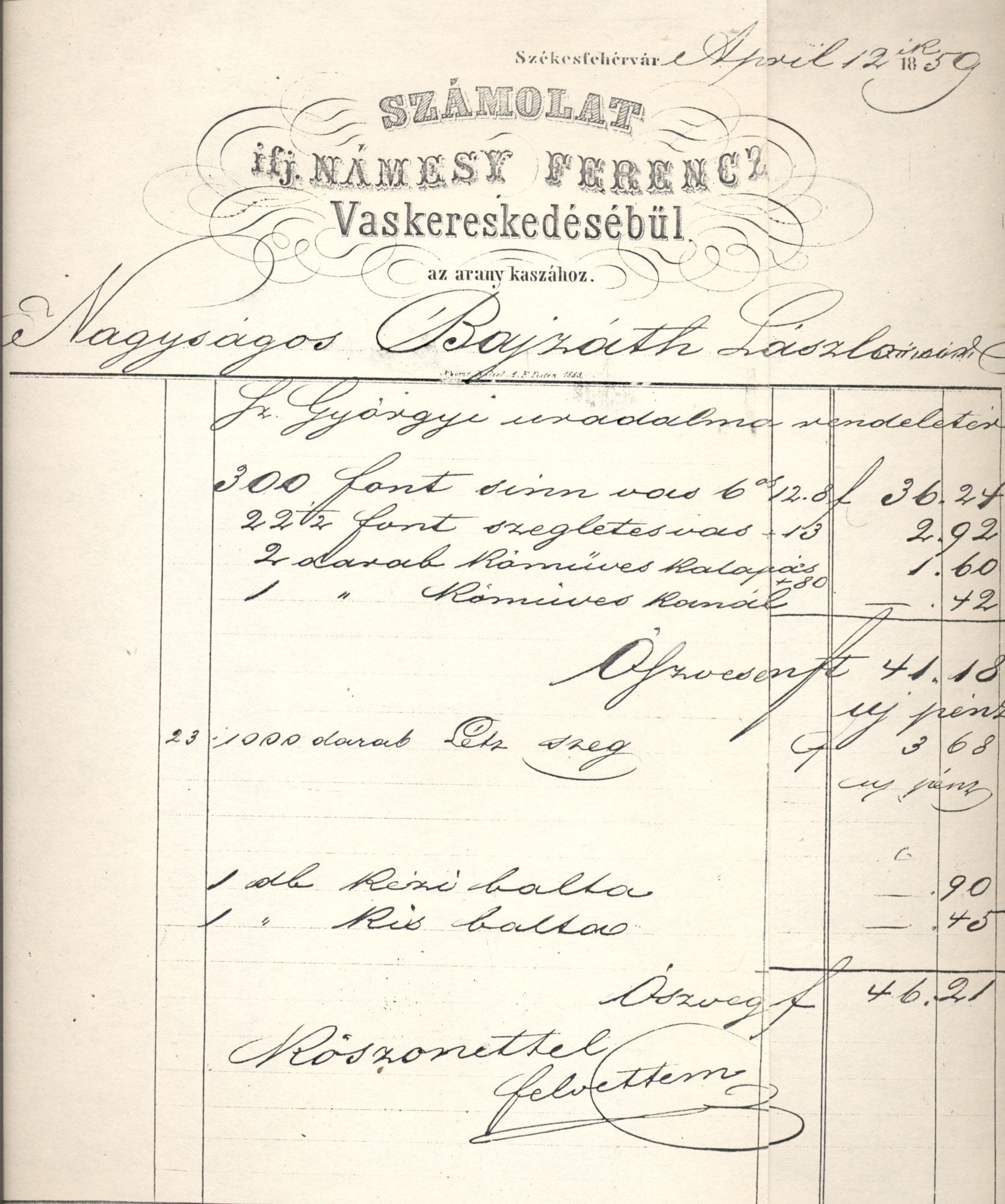 ifj. Námesy Ferenc számla (Magyar Kereskedelmi és Vendéglátóipari Múzeum CC BY-NC-SA)