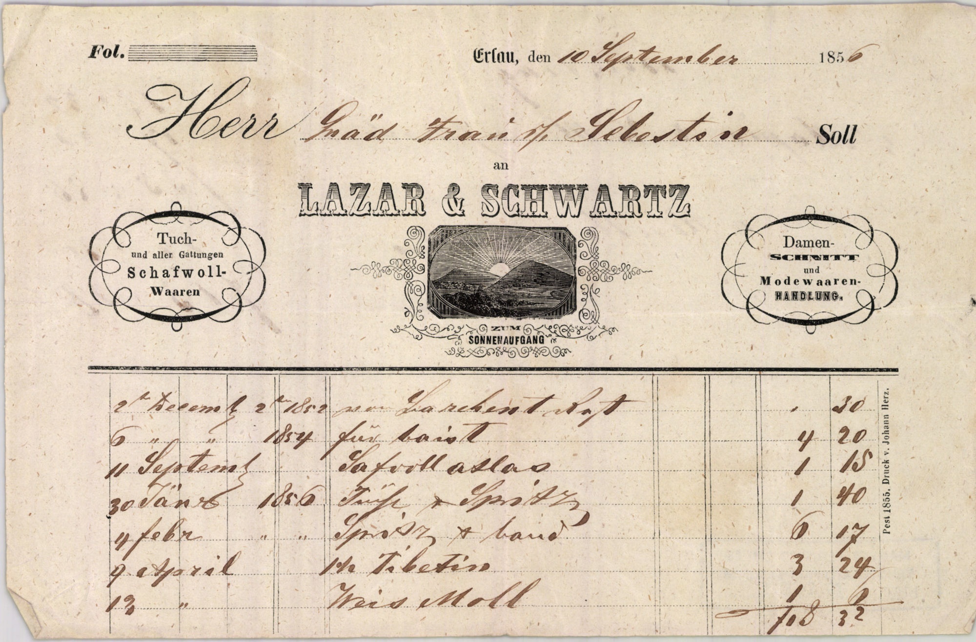 Lazar & Schwartz számla (Magyar Kereskedelmi és Vendéglátóipari Múzeum CC BY-NC-SA)