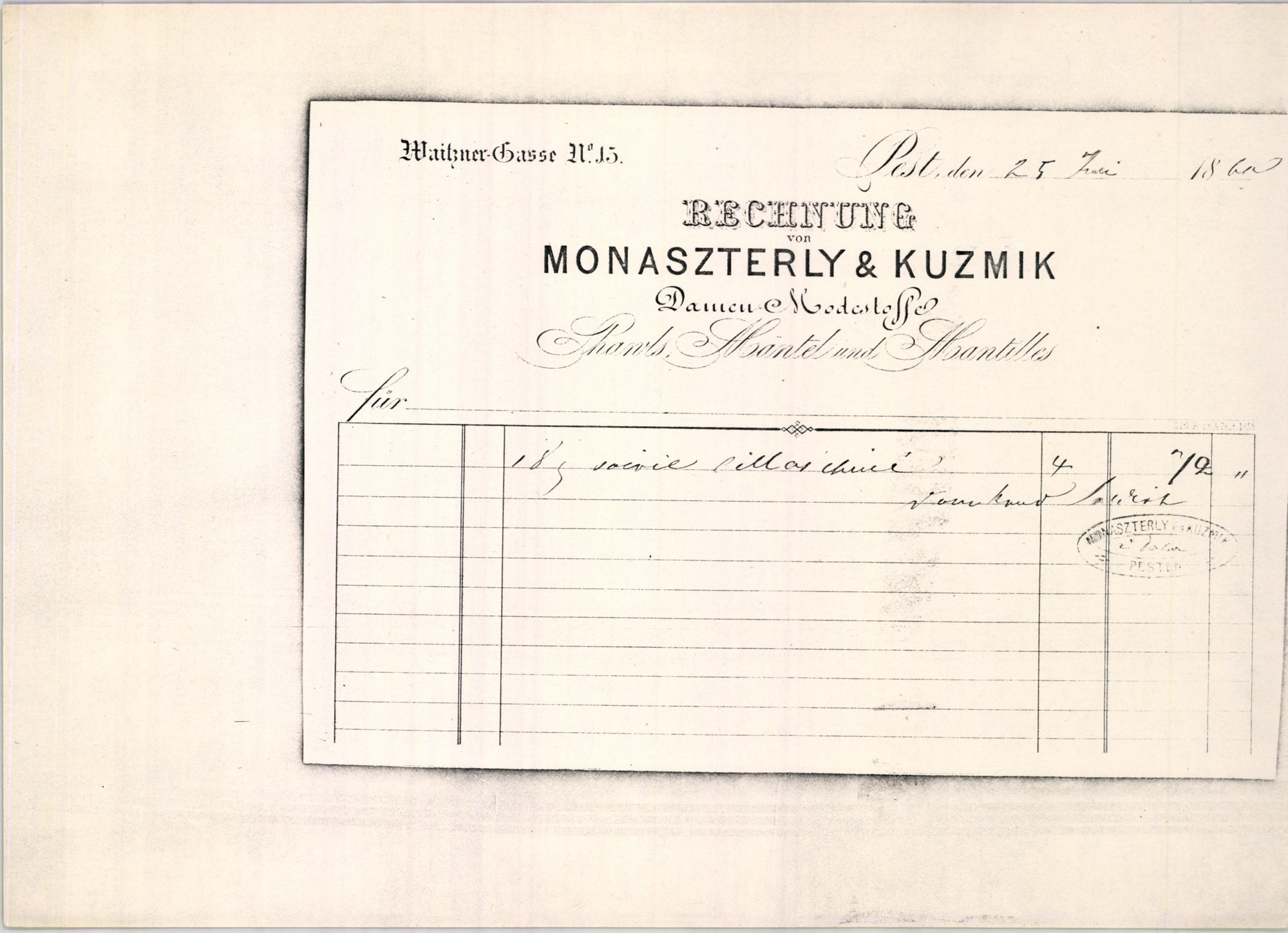 Monaszterly és Kuzmik számla (Magyar Kereskedelmi és Vendéglátóipari Múzeum CC BY-NC-SA)