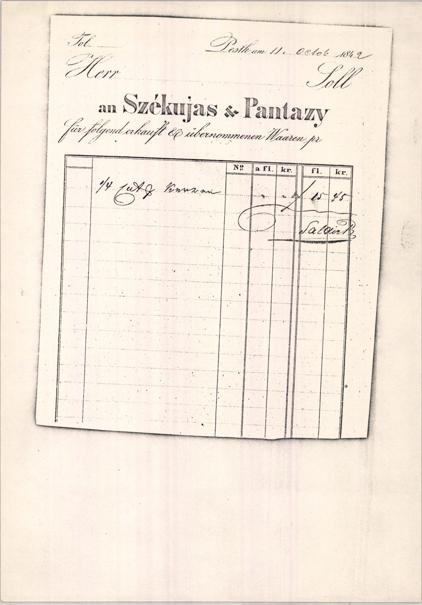 Székujas & Pantazy számla (Magyar Kereskedelmi és Vendéglátóipari Múzeum CC BY-NC-SA)