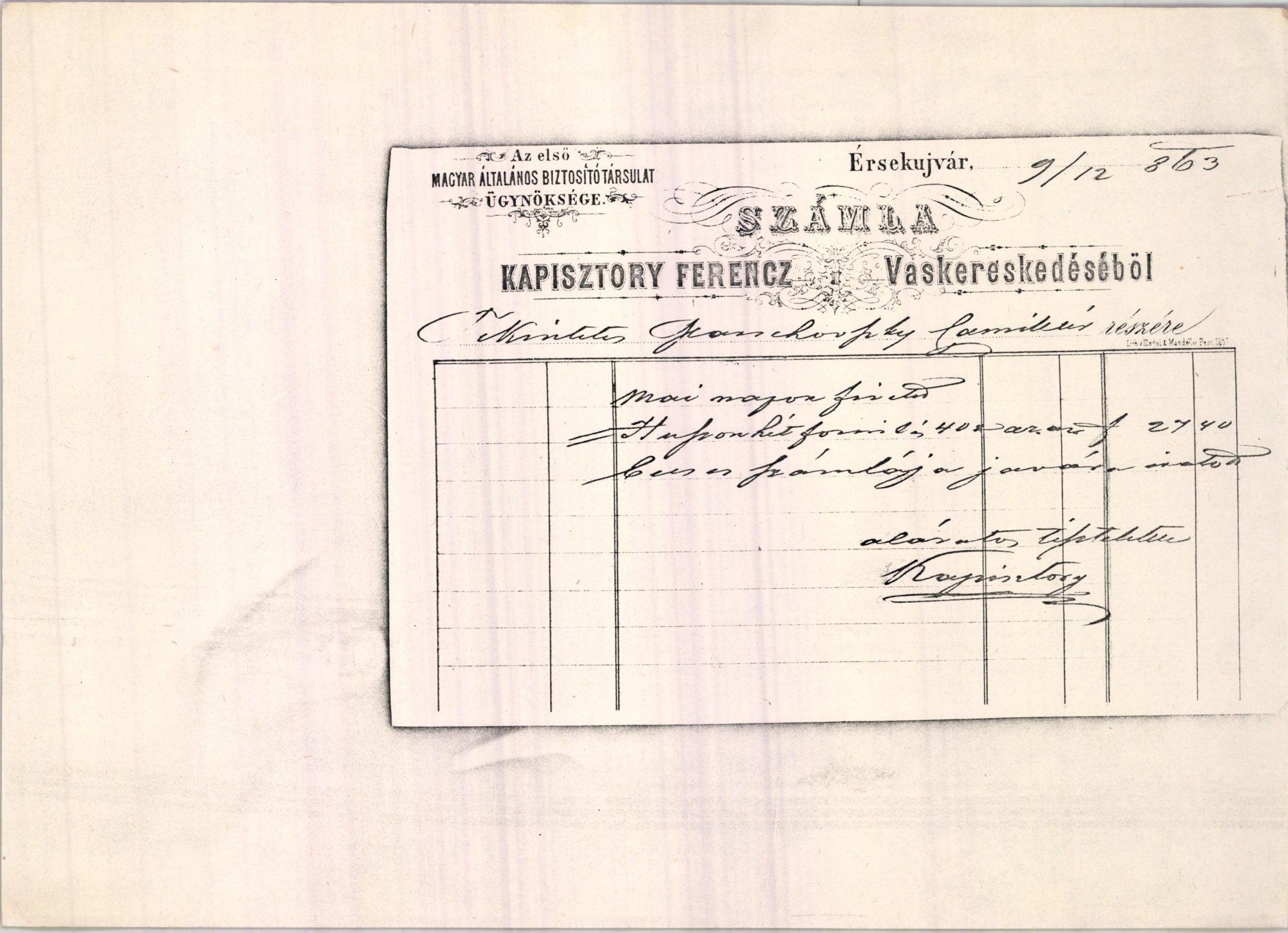 Kapisztory Ferenc számla (Magyar Kereskedelmi és Vendéglátóipari Múzeum CC BY-NC-SA)