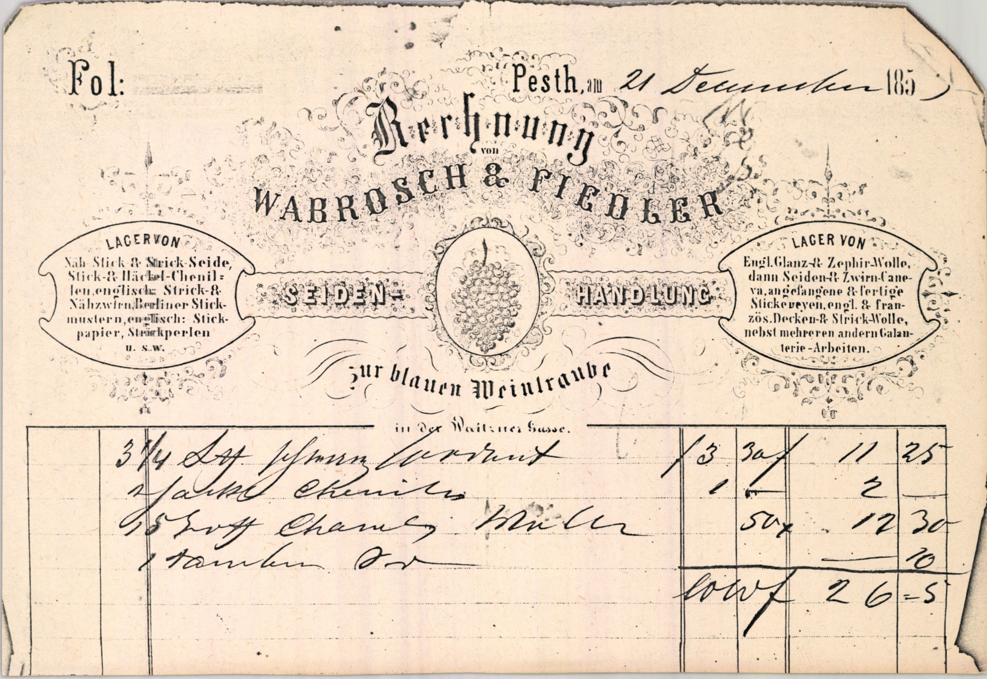 Wabrosch és Fiedler számla (Magyar Kereskedelmi és Vendéglátóipari Múzeum CC BY-NC-SA)