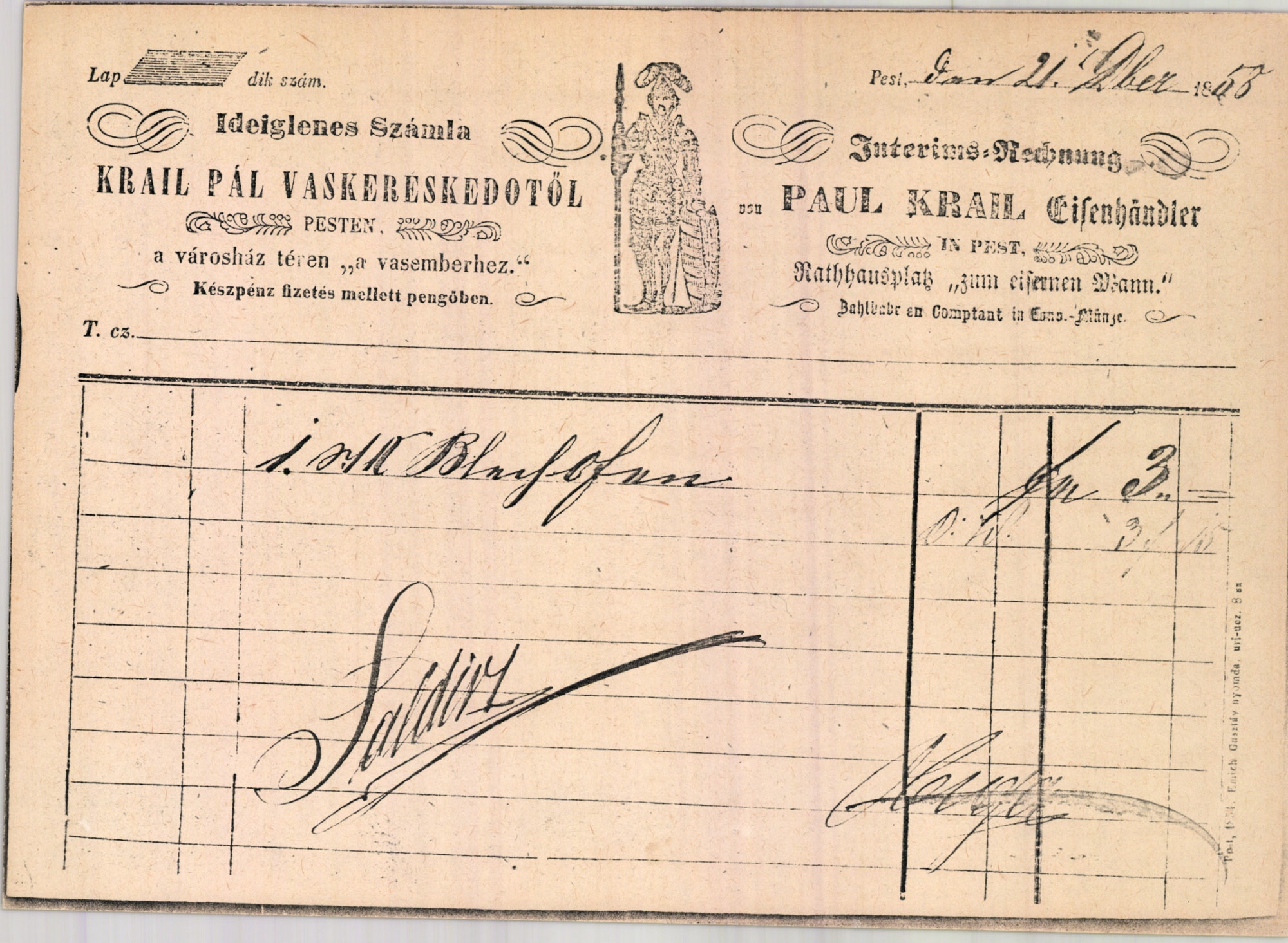 Krail Pál számla (Magyar Kereskedelmi és Vendéglátóipari Múzeum CC BY-NC-SA)