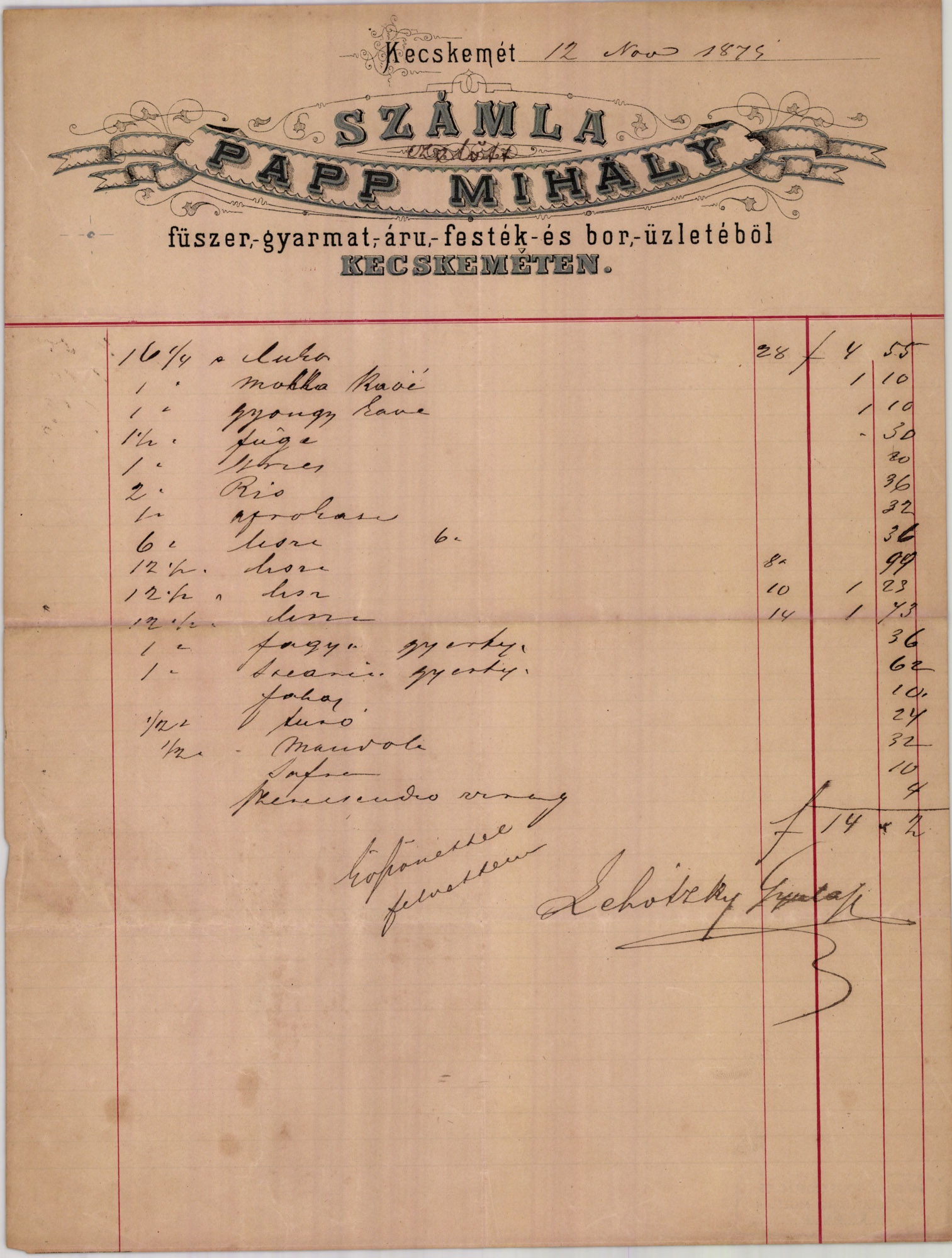 Papp Mihály számla (Magyar Kereskedelmi és Vendéglátóipari Múzeum CC BY-NC-SA)
