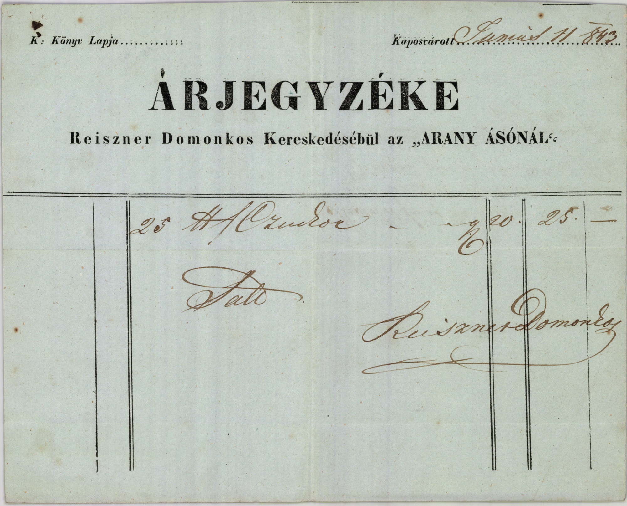 Reiszner Domonkos számla (Magyar Kereskedelmi és Vendéglátóipari Múzeum CC BY-NC-SA)
