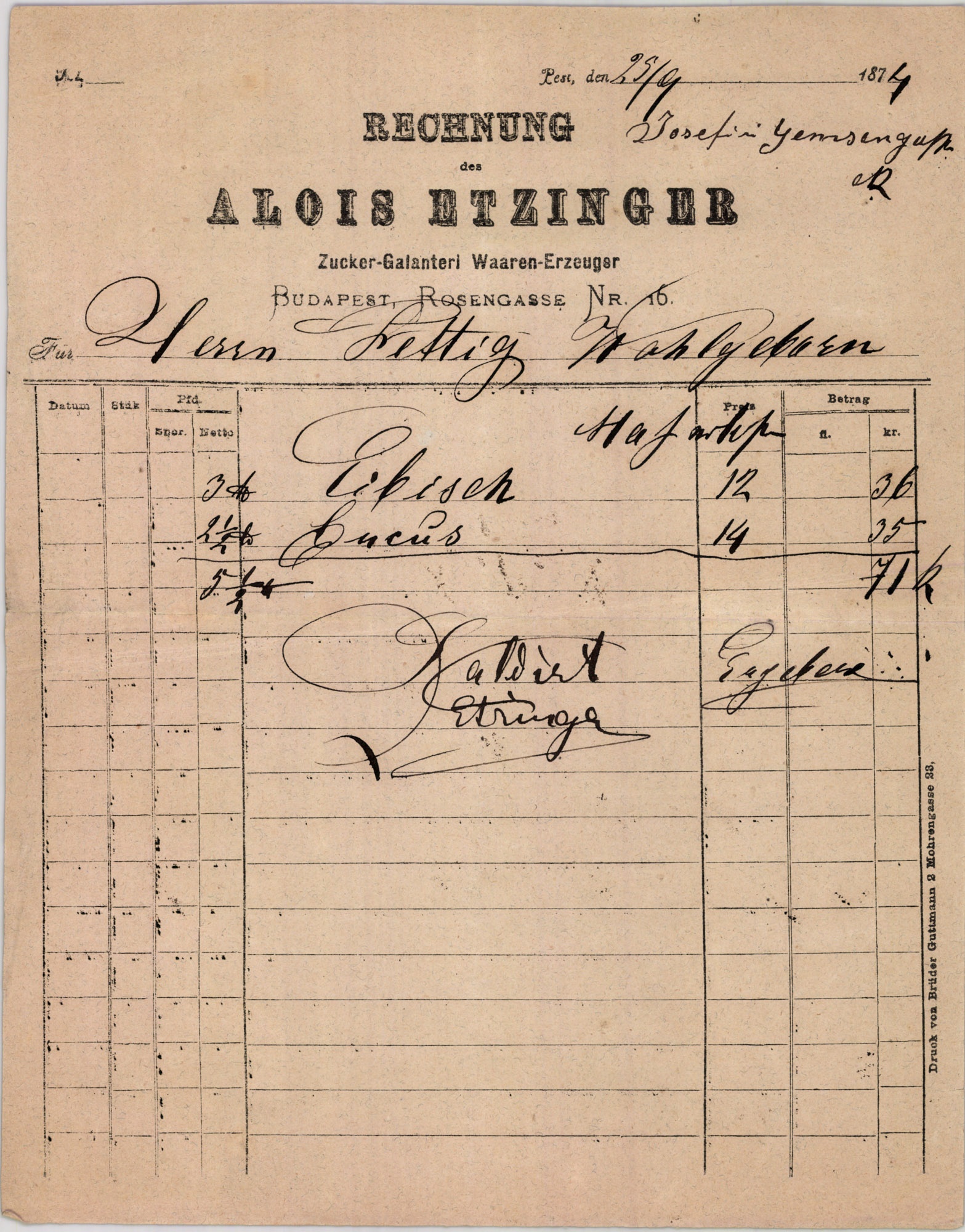 Etzinger Lajos számla (Magyar Kereskedelmi és Vendéglátóipari Múzeum CC BY-NC-SA)