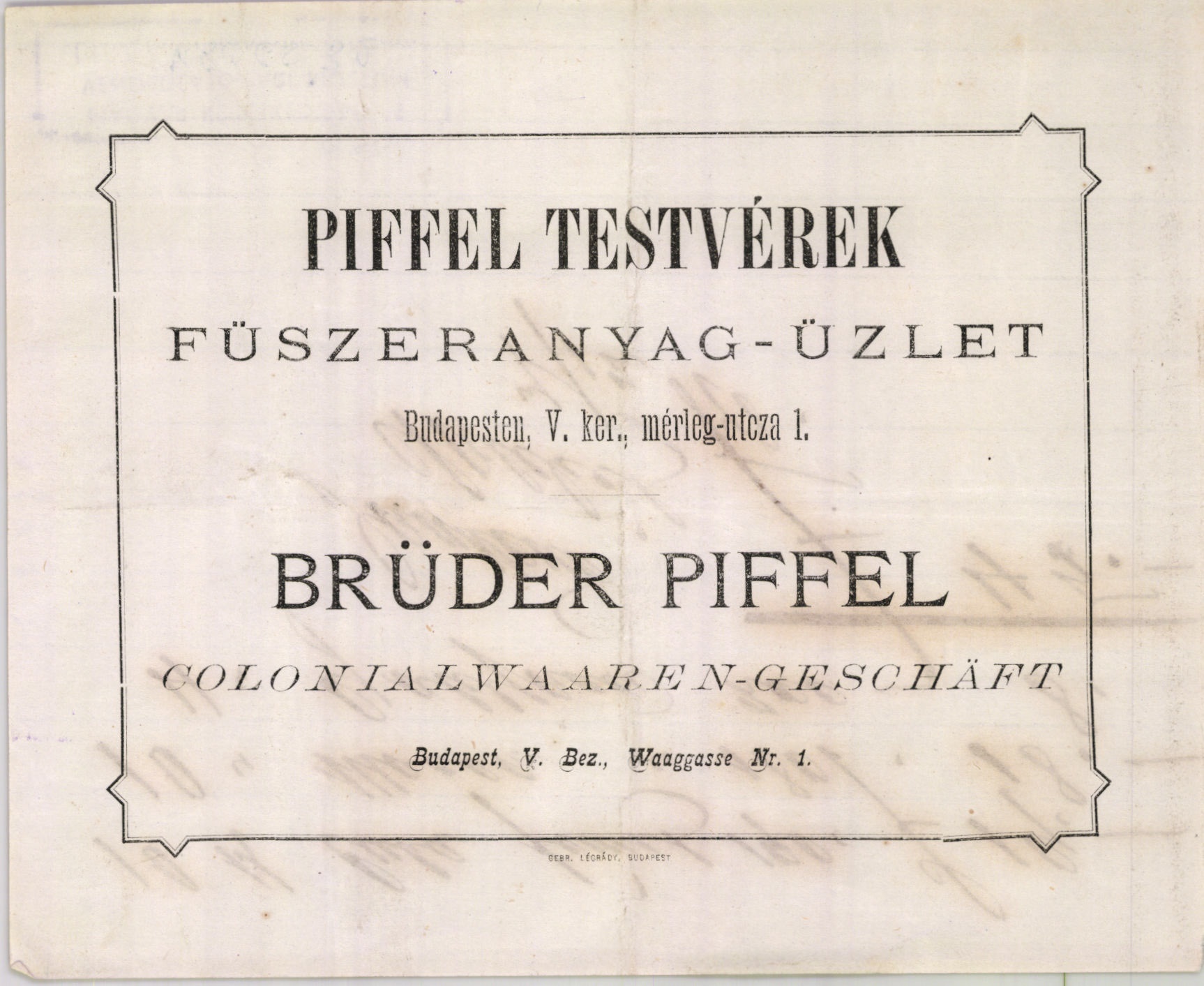 Piffel Testvérek számla (Magyar Kereskedelmi és Vendéglátóipari Múzeum CC BY-NC-SA)