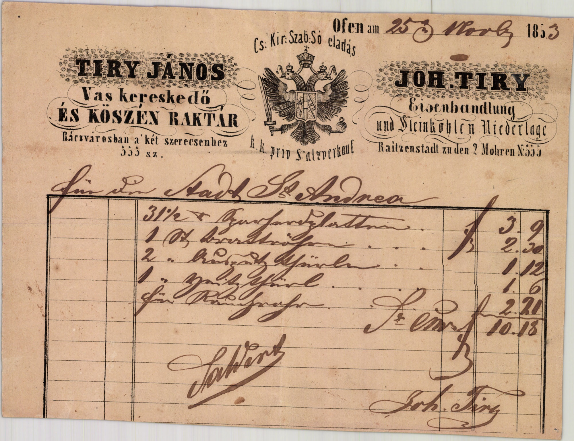 Tiry János számla (Magyar Kereskedelmi és Vendéglátóipari Múzeum CC BY-NC-SA)