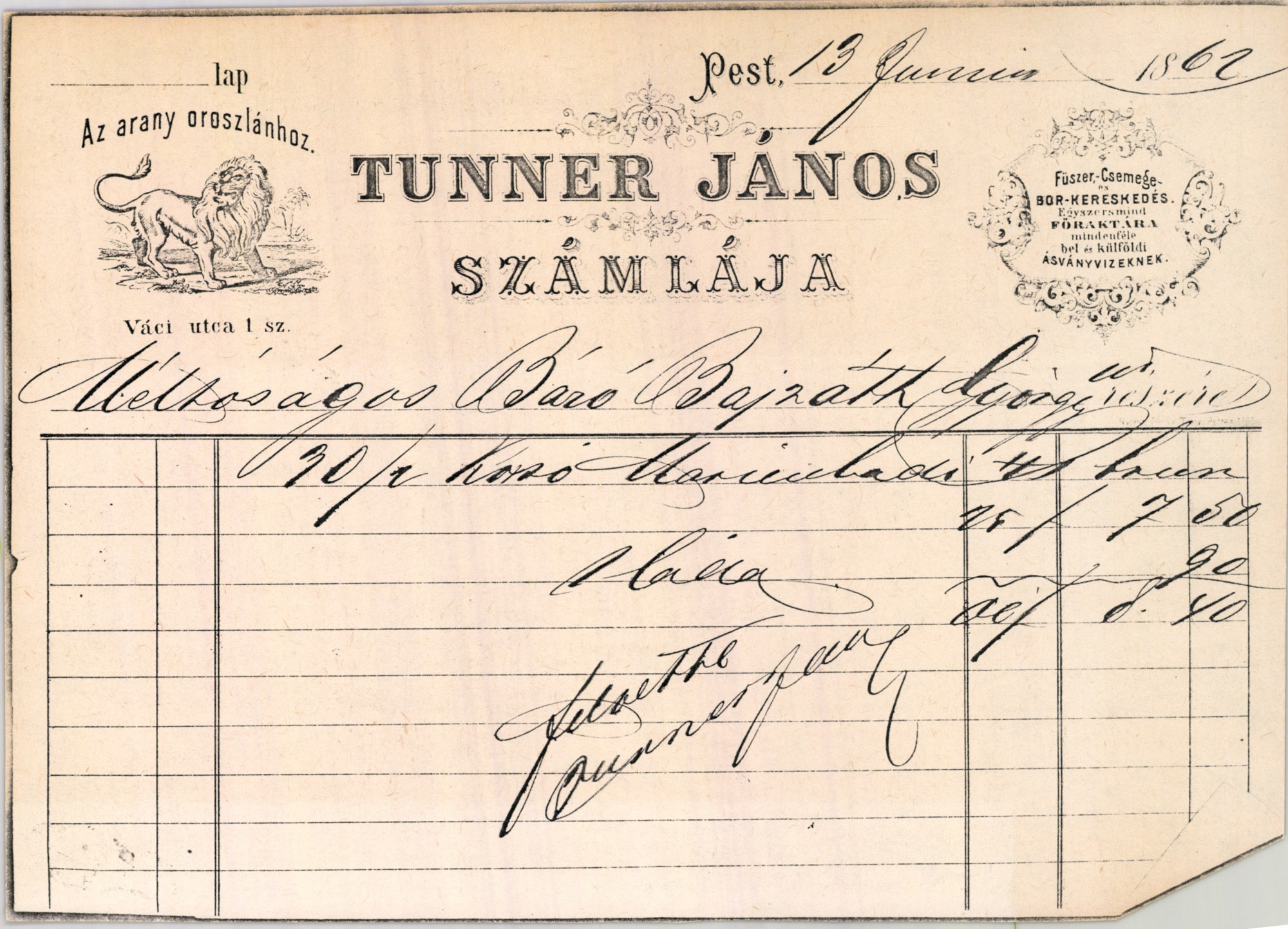 Tunner János számla (Magyar Kereskedelmi és Vendéglátóipari Múzeum CC BY-NC-SA)