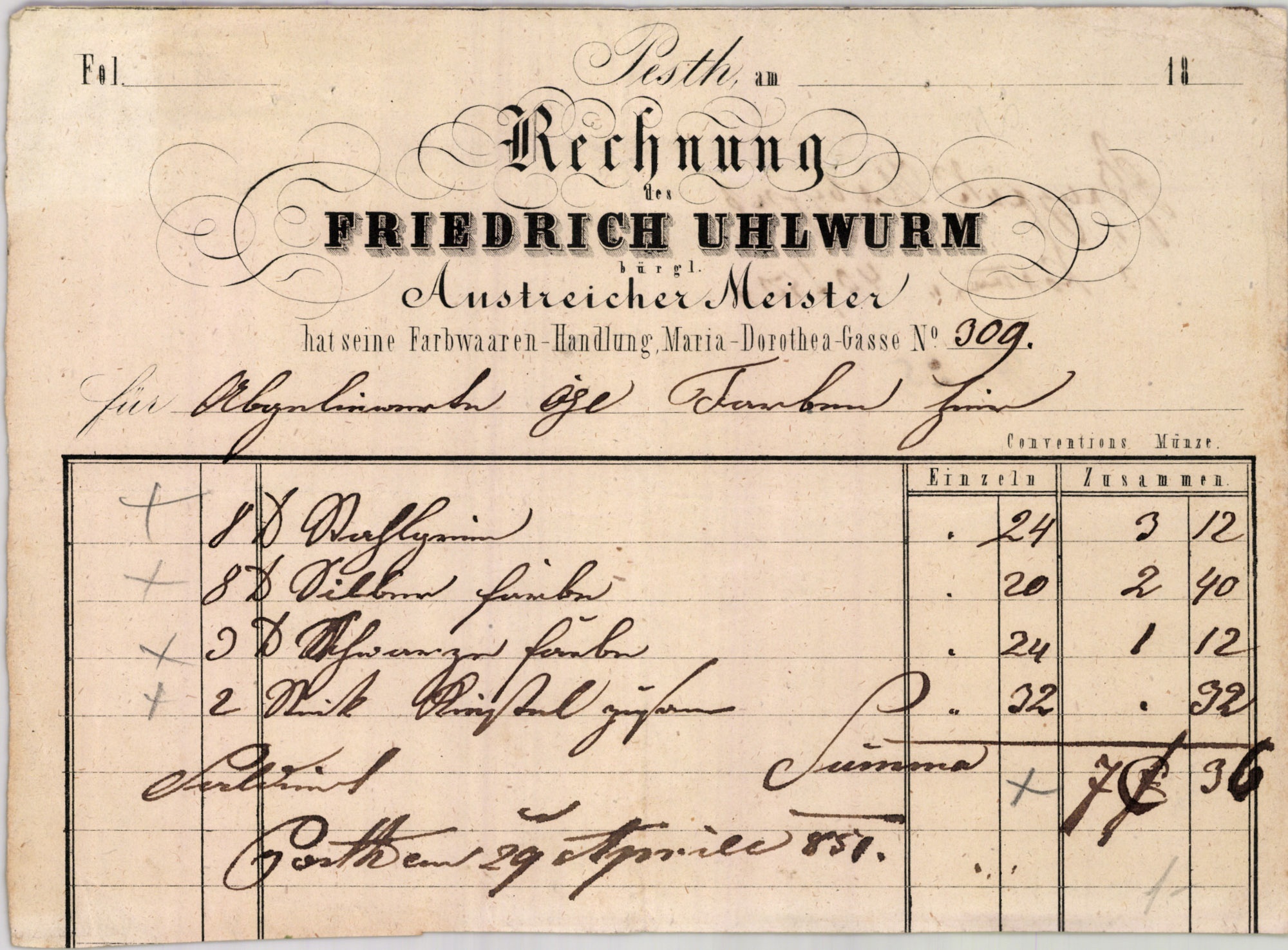 Uhlwurm Frigyes számla (Magyar Kereskedelmi és Vendéglátóipari Múzeum CC BY-NC-SA)