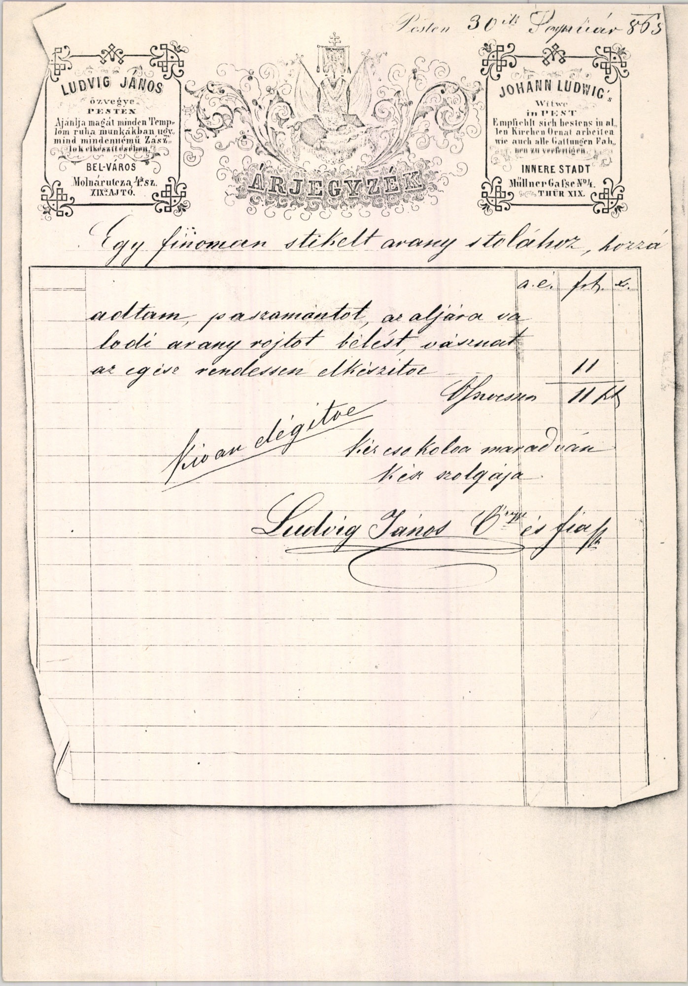 Ludvig János özvegye számla (Magyar Kereskedelmi és Vendéglátóipari Múzeum CC BY-NC-SA)