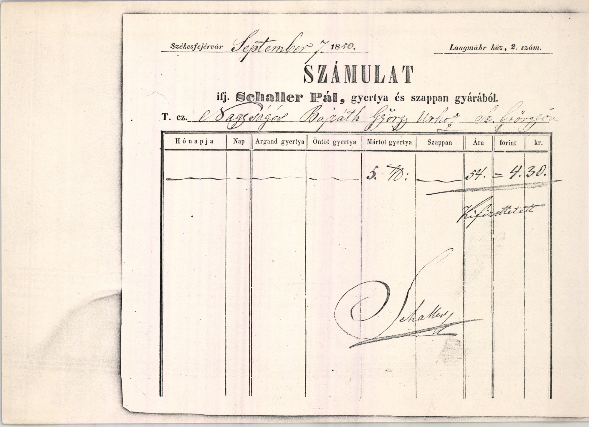 ifj. Schaller Pál számla (Magyar Kereskedelmi és Vendéglátóipari Múzeum CC BY-NC-SA)