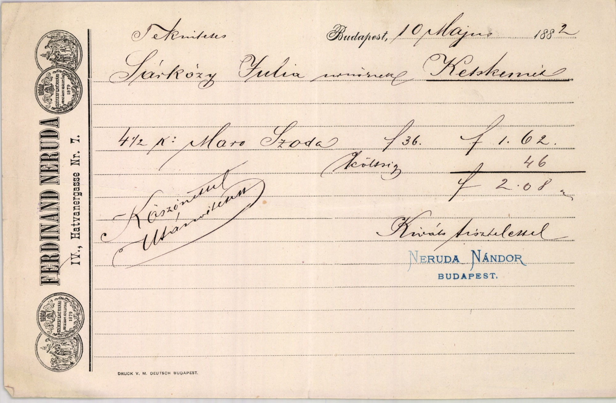 Neruda Nándor Ferdinánd számla (Magyar Kereskedelmi és Vendéglátóipari Múzeum CC BY-NC-SA)