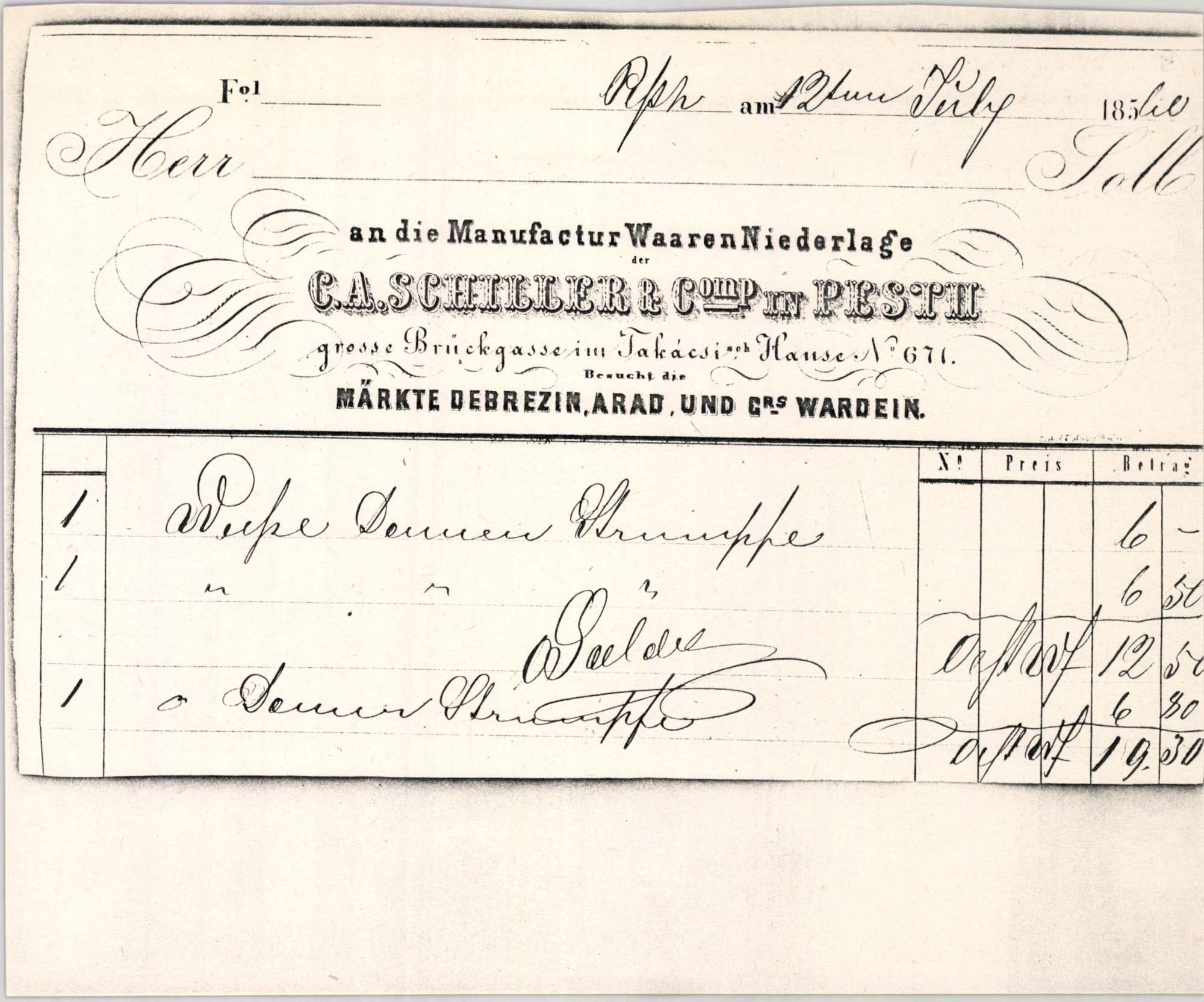 C. A. Schiller & Co. (és Társa) számla (Magyar Kereskedelmi és Vendéglátóipari Múzeum CC BY-NC-SA)