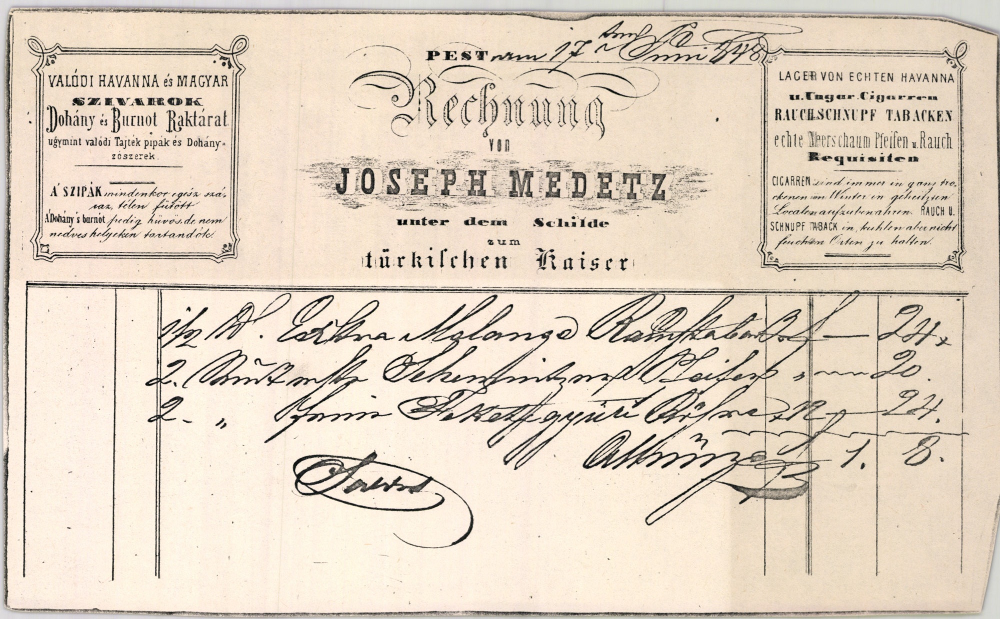 Medetz József számla (Magyar Kereskedelmi és Vendéglátóipari Múzeum CC BY-NC-SA)