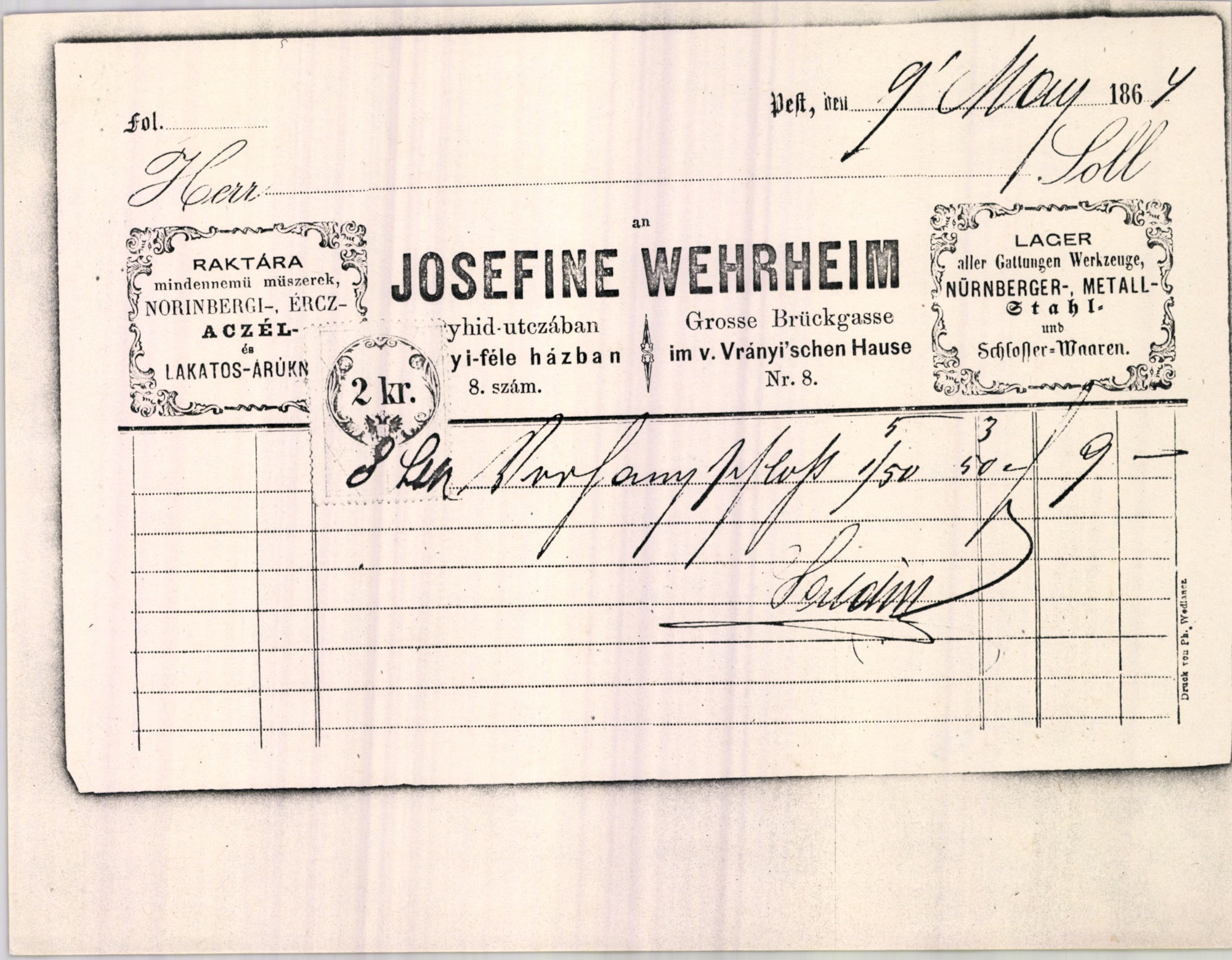 Wehrheim Jozefa számla (Magyar Kereskedelmi és Vendéglátóipari Múzeum CC BY-NC-SA)