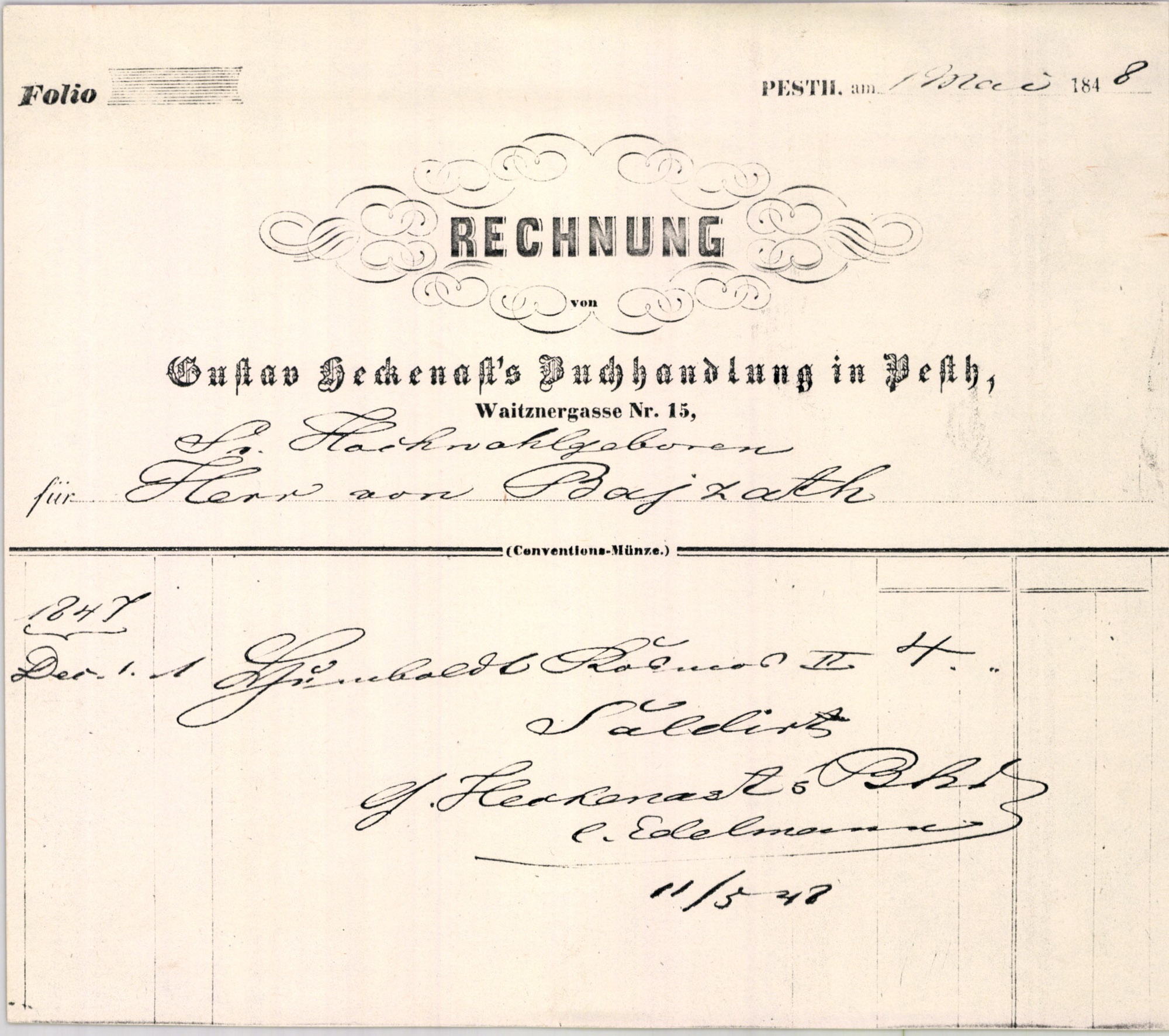 Heckenast Gusztáv számla (Magyar Kereskedelmi és Vendéglátóipari Múzeum CC BY-NC-SA)