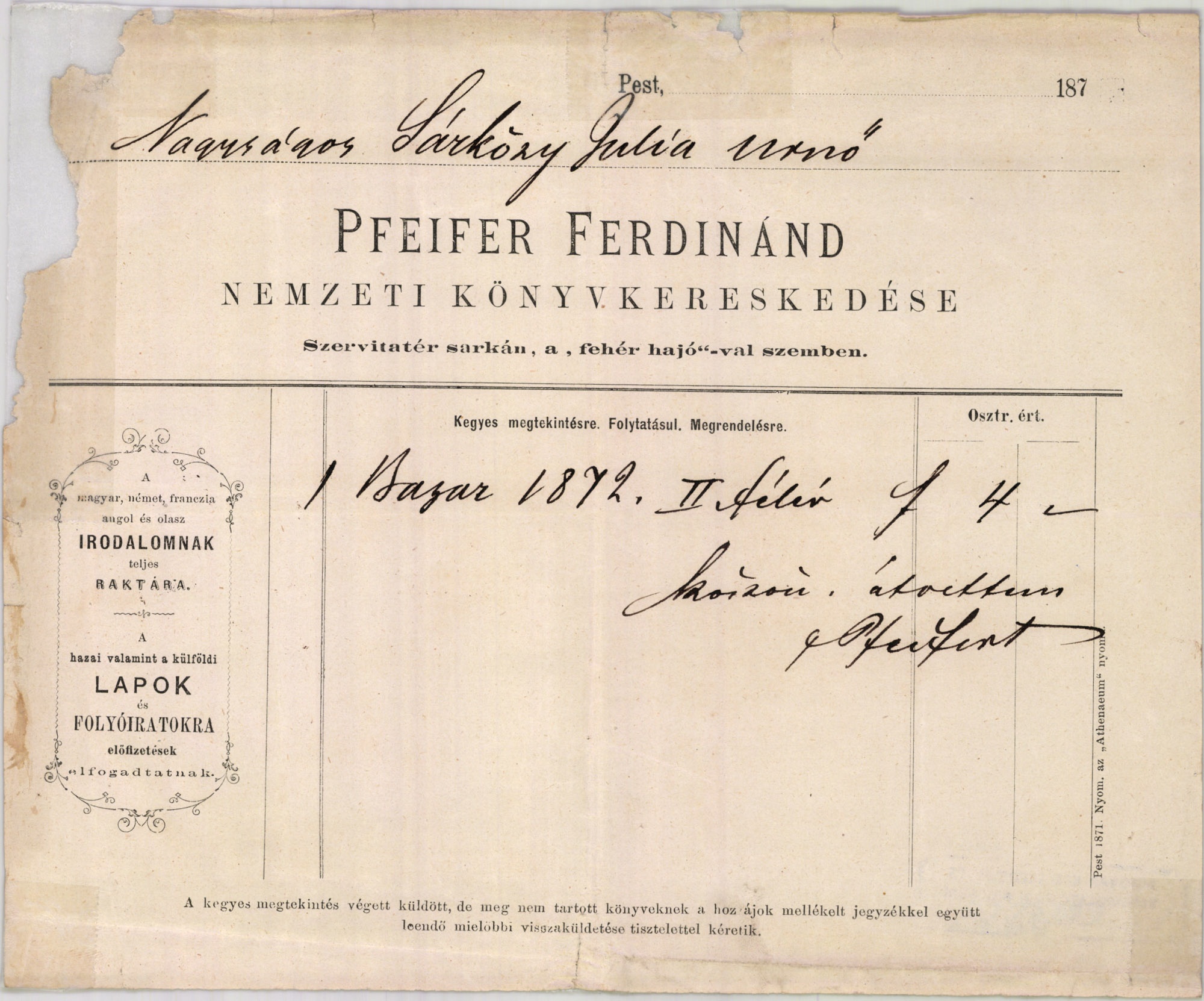 Pfeifer Ferdinánd számla (Magyar Kereskedelmi és Vendéglátóipari Múzeum CC BY-NC-SA)
