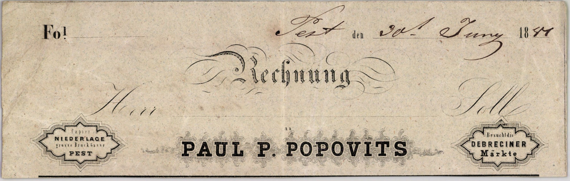 Popovits P. Pál számla (Magyar Kereskedelmi és Vendéglátóipari Múzeum CC BY-NC-SA)