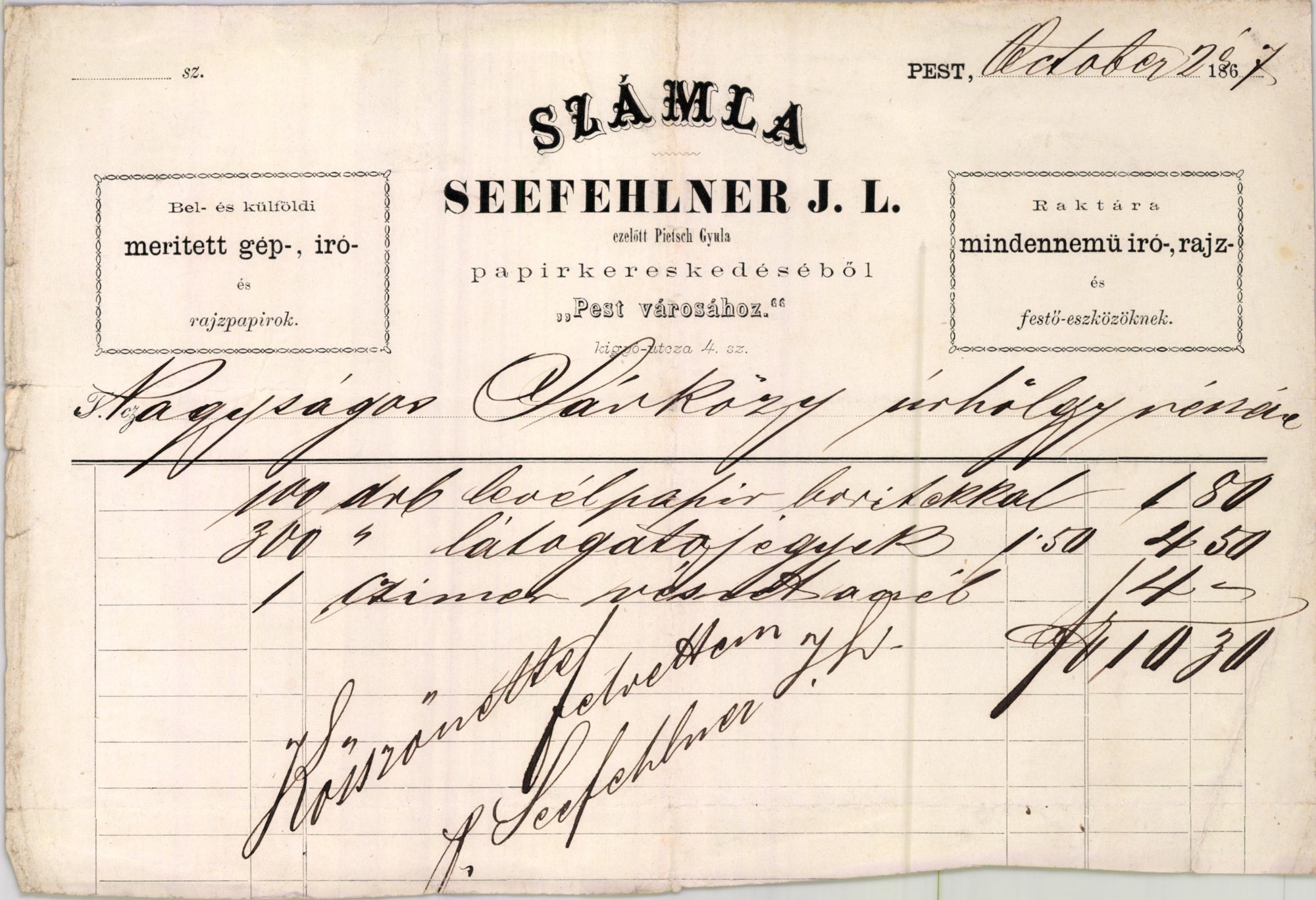 Seefehlner J.L. számla (Magyar Kereskedelmi és Vendéglátóipari Múzeum CC BY-NC-SA)