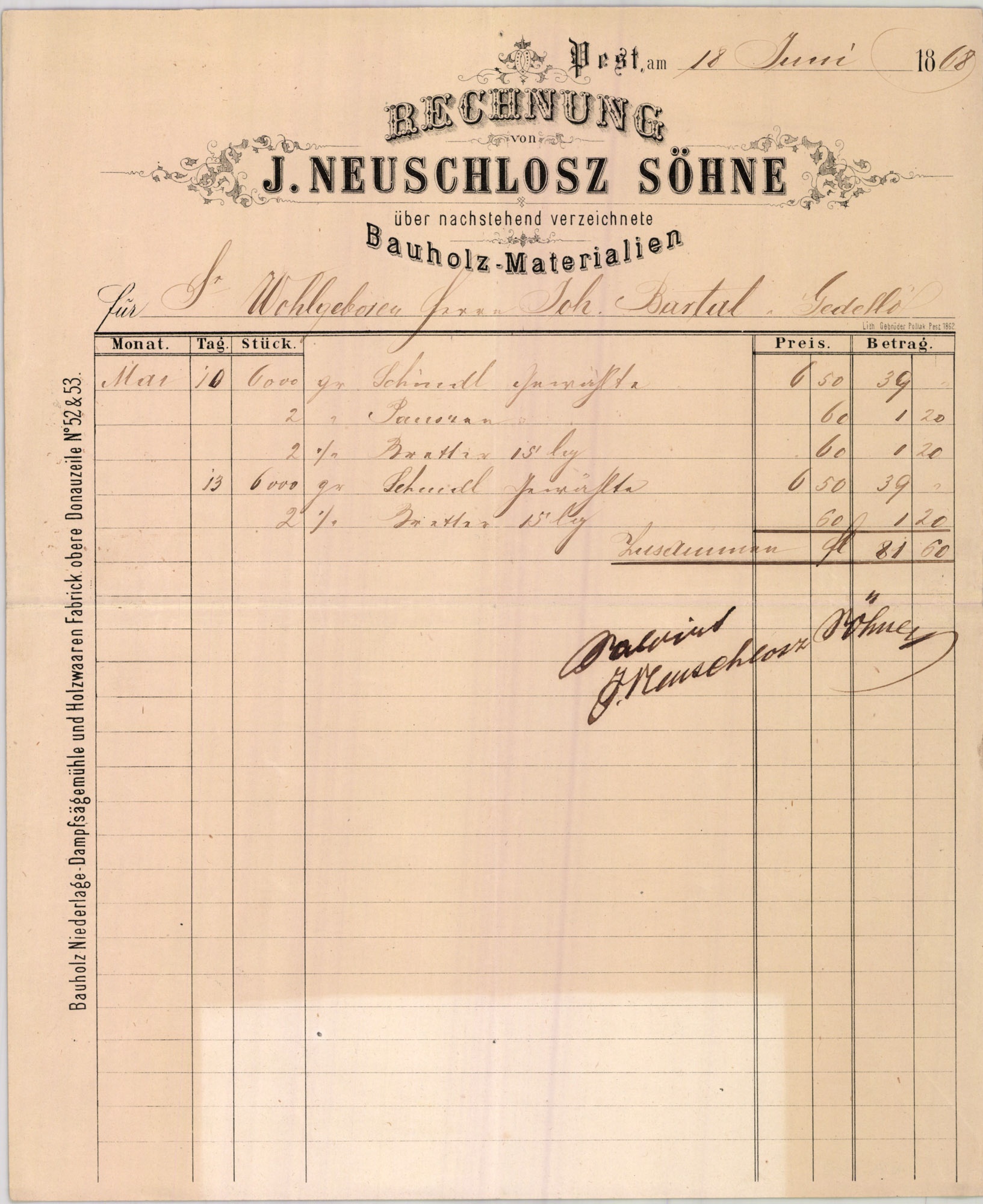 Neuschlosz J. Fiai számla (Magyar Kereskedelmi és Vendéglátóipari Múzeum CC BY-NC-SA)